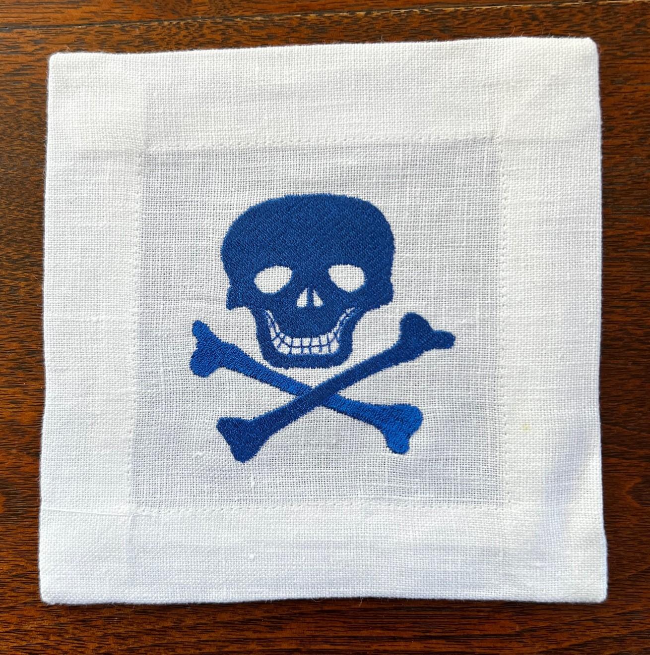 American Set of 8 Linen Cocktail Napkins Embroidered with Skull and Crossbones For Sale