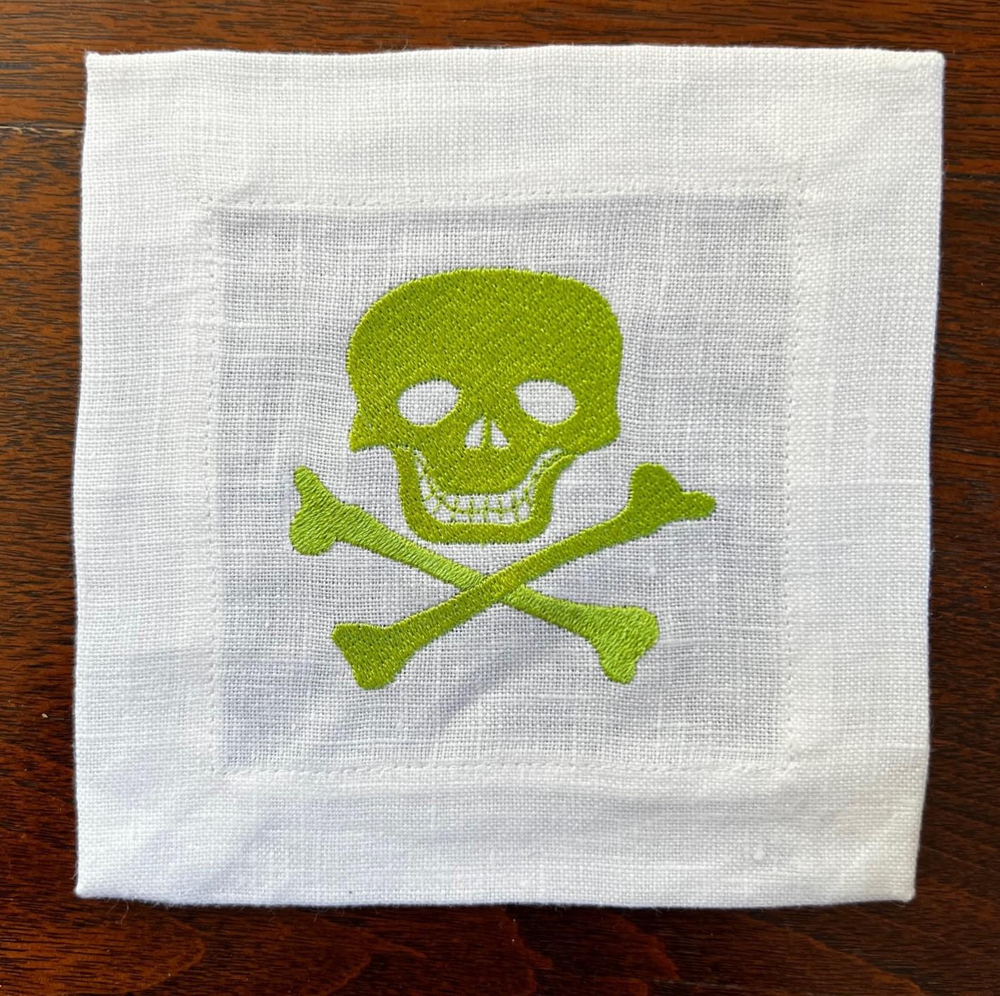 Cotton Set of 8 Linen Cocktail Napkins Embroidered with Skull and Crossbones For Sale