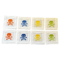 Set of 8 Linen Cocktail Napkins Embroidered with Skull and Crossbones