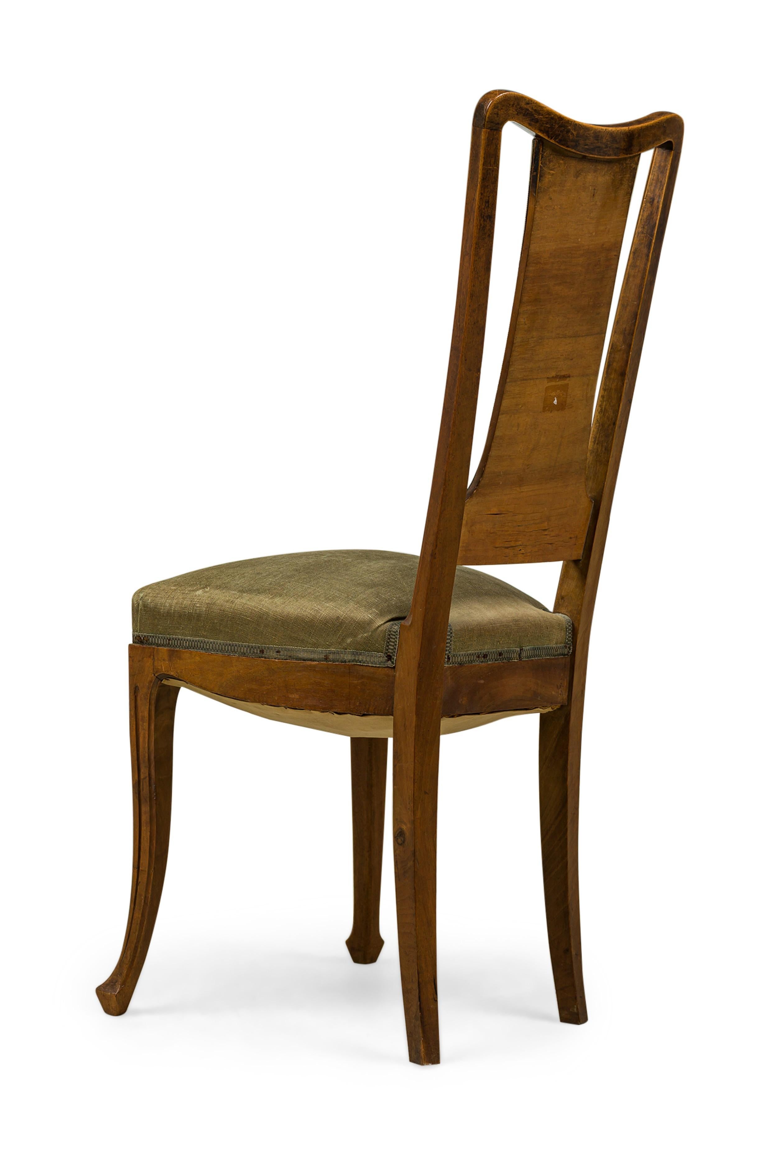 Set of 8 Louis Majorelle Carved Walnut and Sage Green Muslin Side Chairs In Good Condition For Sale In New York, NY