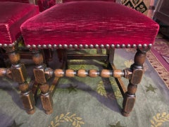 Set of 8 Louis XIII style chairs in oak and red velvet