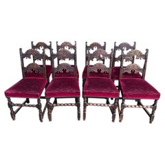 Set of 8 Louis XIII style chairs in oak and red velvet