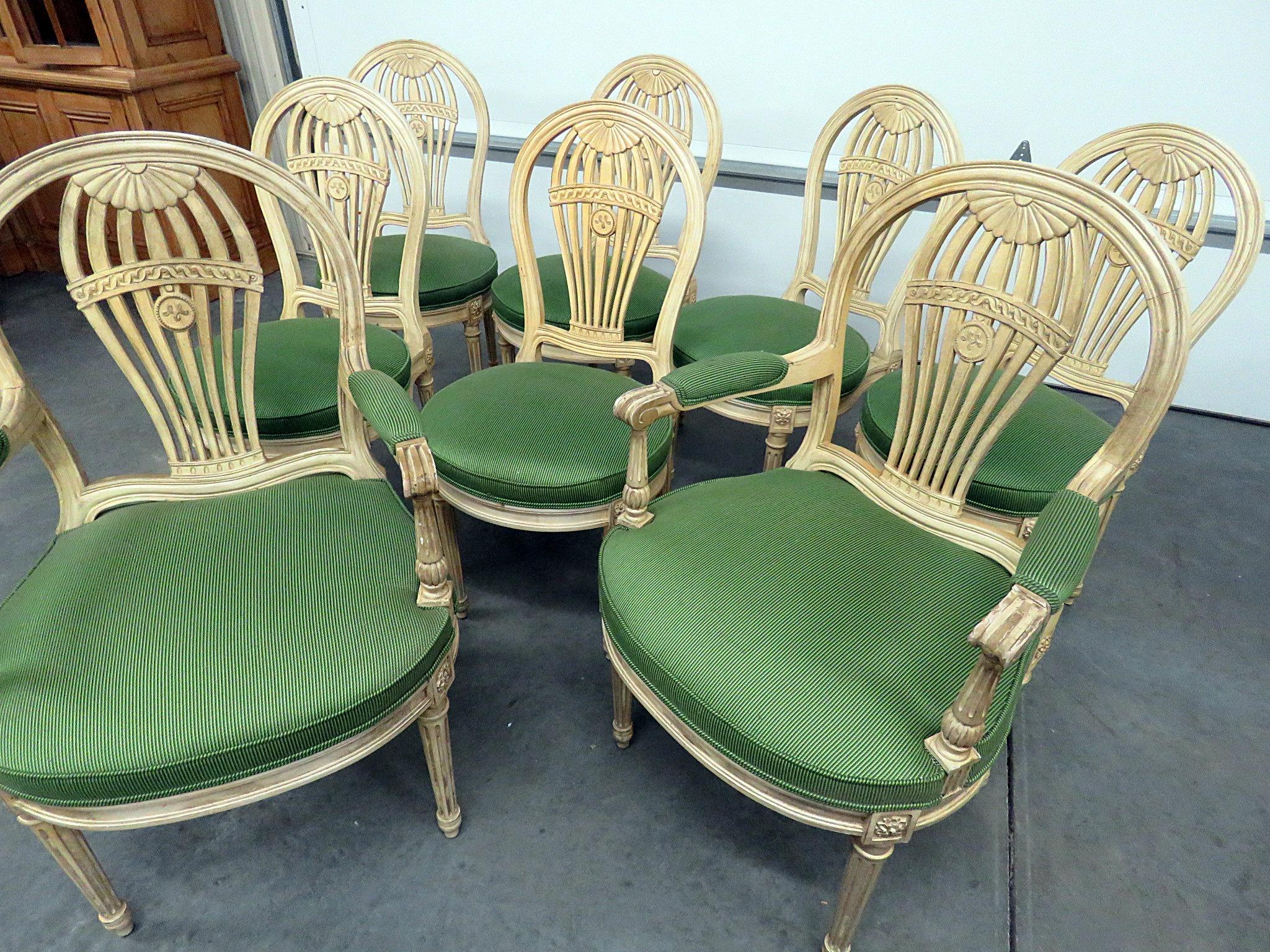 Set of 8 Maison Jansen style distressed paint decorated dining chairs. 6 side chairs measure 36