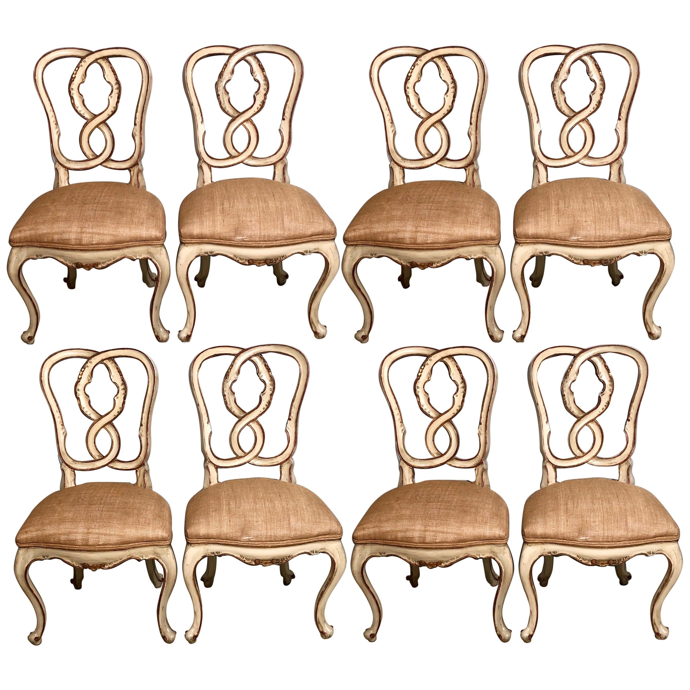 Set of 8 Louis XV Style Dining Chairs, Parcel-Gilt and Paint Pretzel Heart Backs