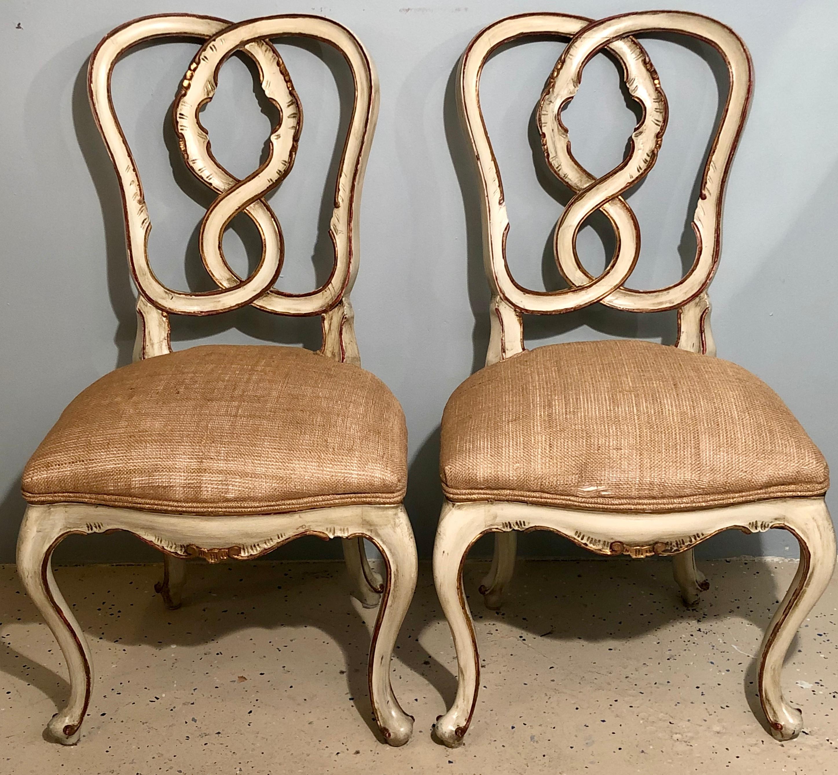 Hand-Painted Set of 8 Louis XV Style Dining Chairs, Parcel-Gilt and Paint Pretzel Heart Backs