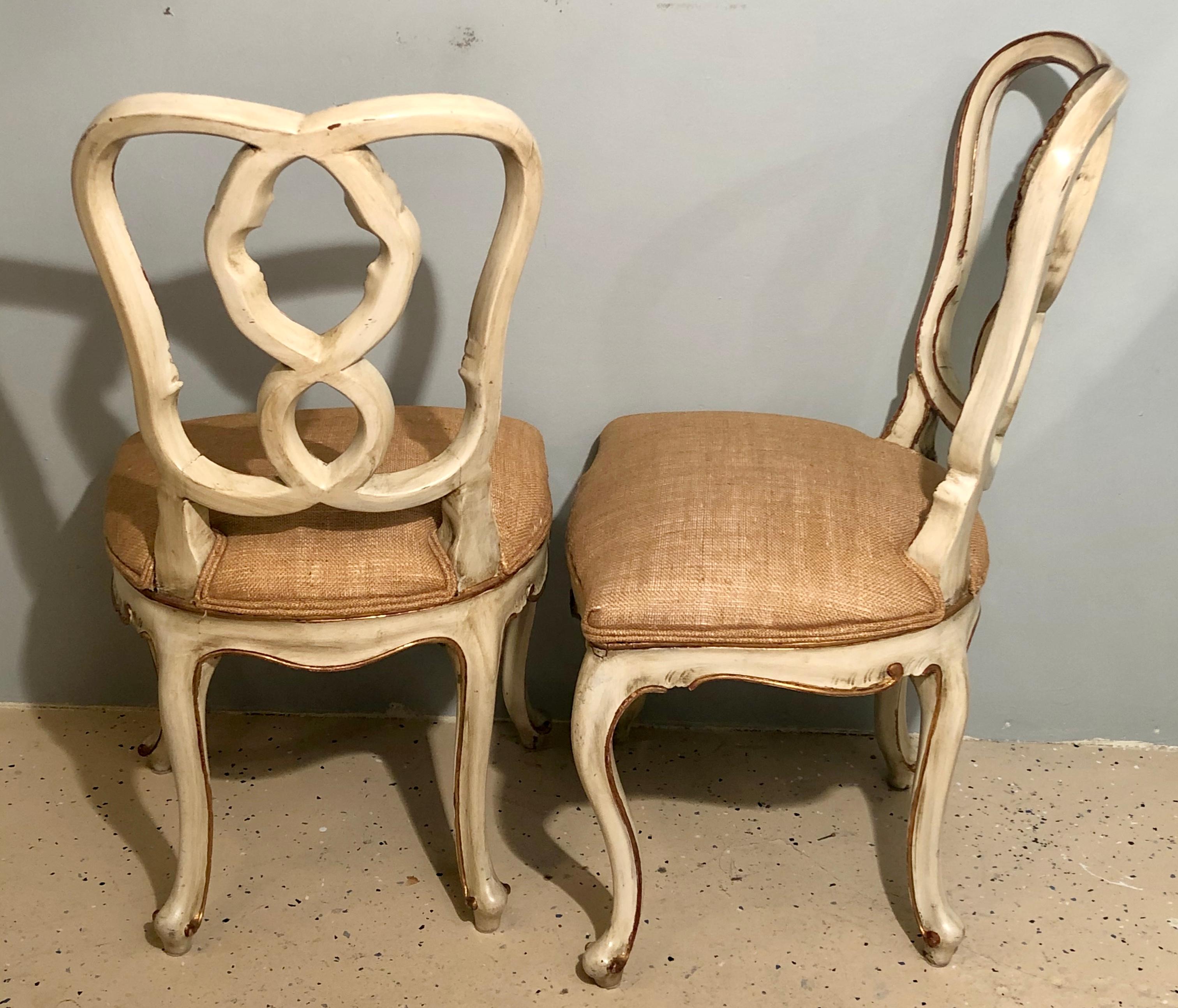 Wood Set of 8 Louis XV Style Dining Chairs, Parcel-Gilt and Paint Pretzel Heart Backs