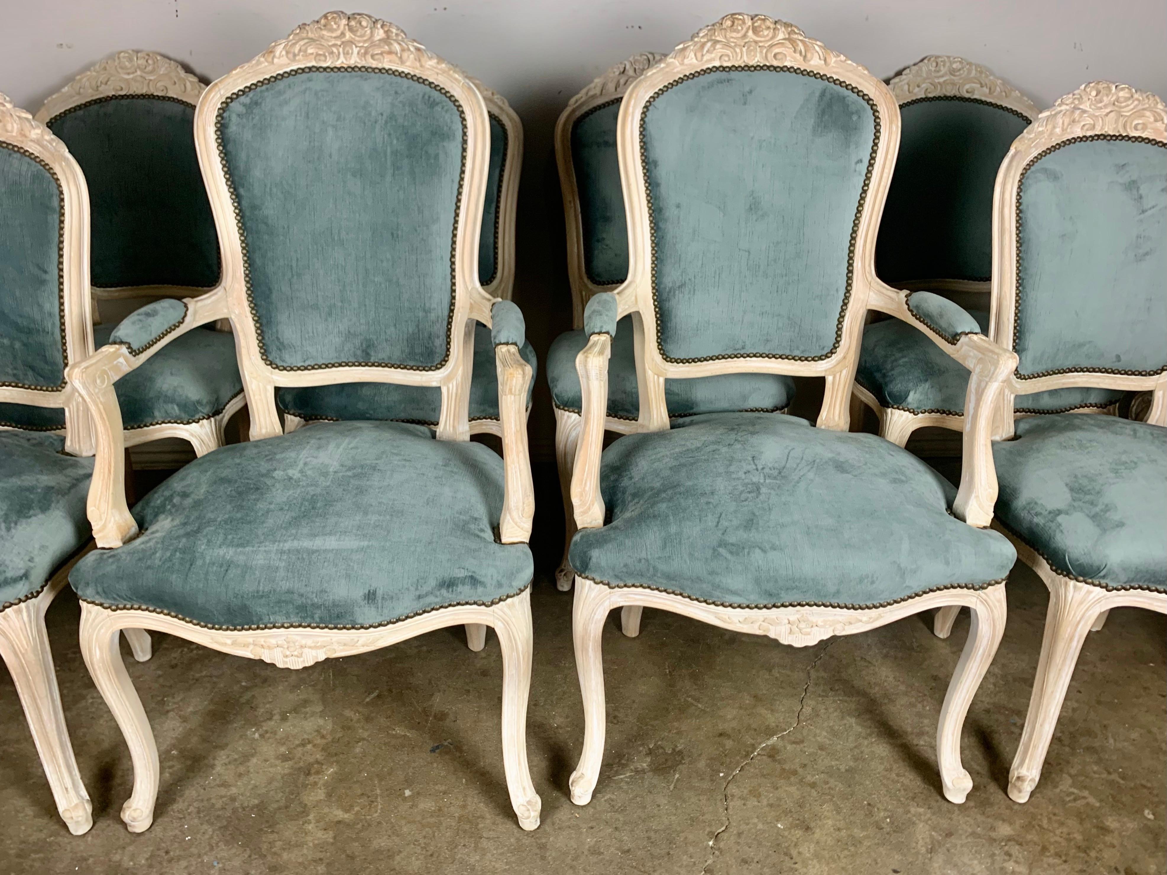 French Set of '8' Louis XV Style Dining Chairs W/ Blue Velvet