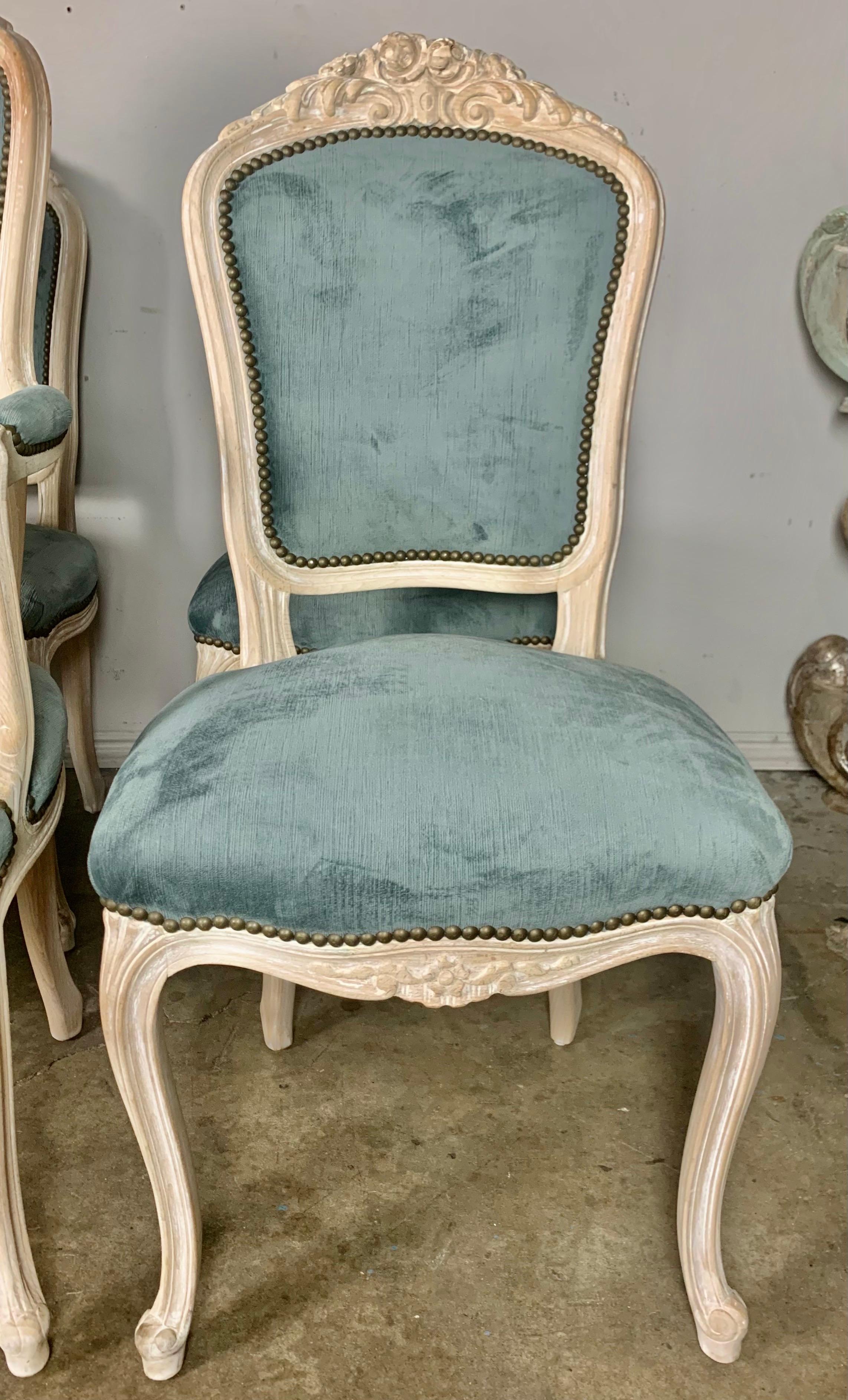 Bleached Set of '8' Louis XV Style Dining Chairs W/ Blue Velvet