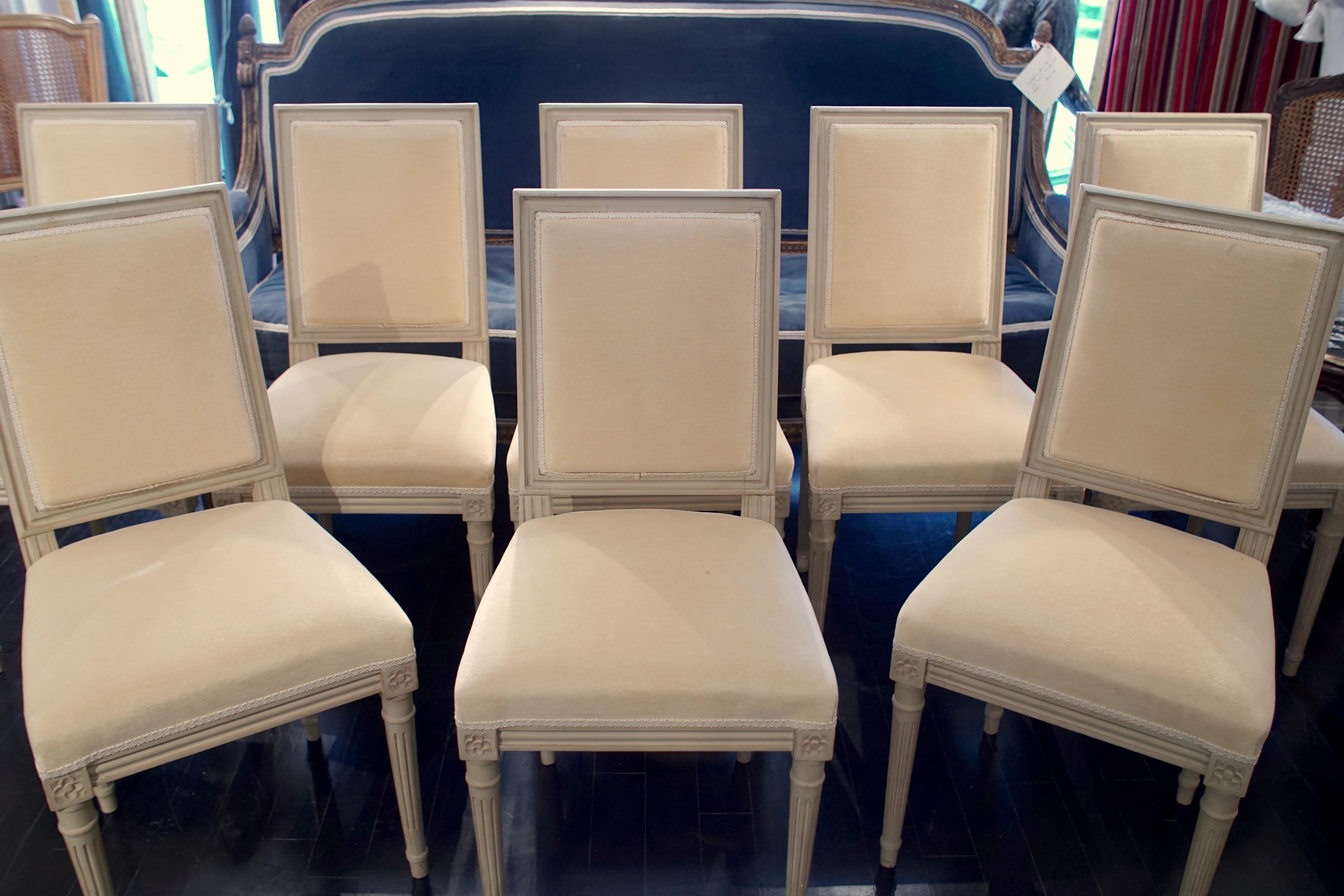 Set of 8 Louis XVI style chairs, upholstered in velvet

Total dimensions: 18” W x 36.5” H x 17” D
Sitting height: 20” 
Height of back: 17.5”
Seat dimensions: 16.25” W x 15.25” D.