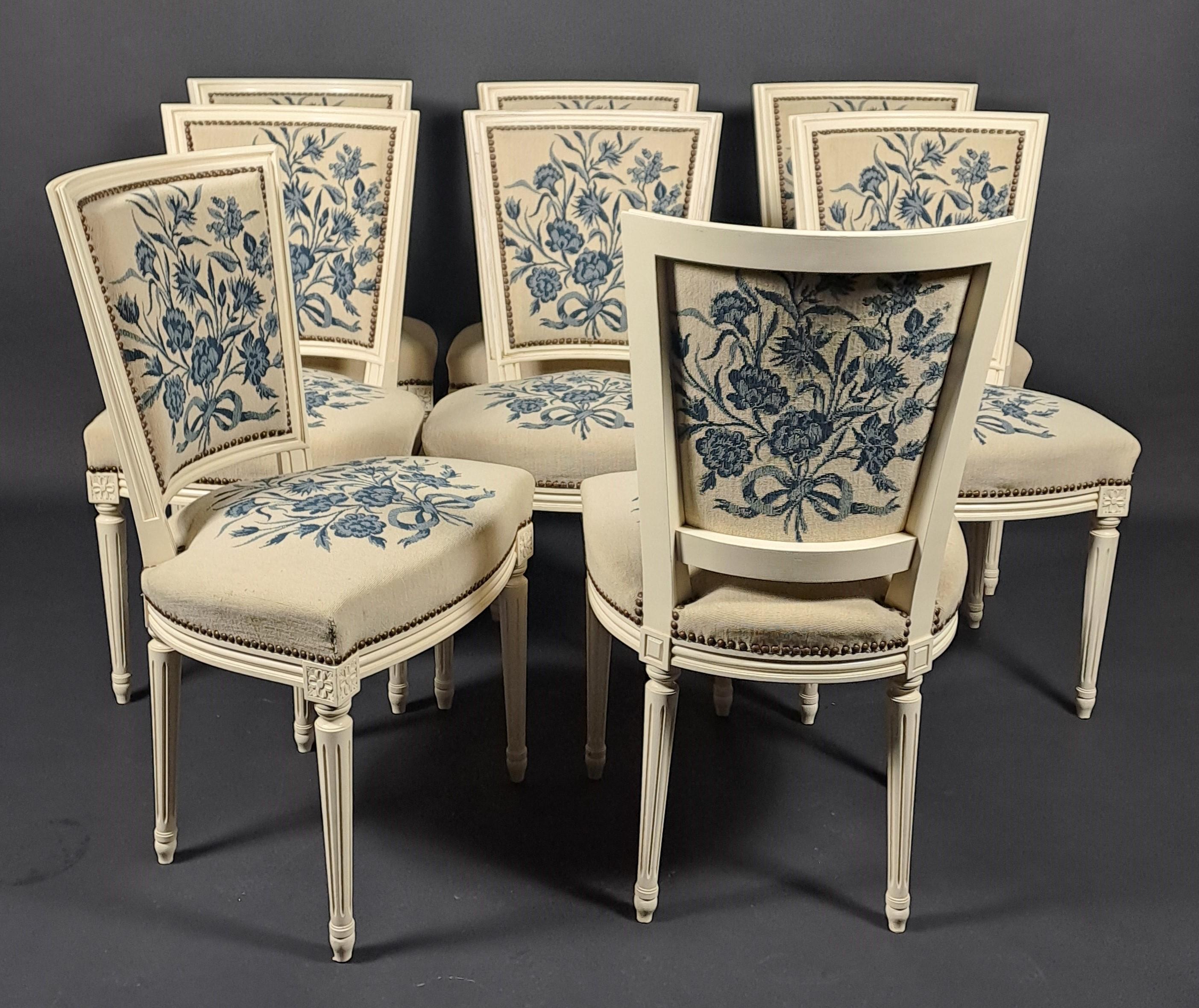 Set Of 8 Louis XVI Style Chairs In Lacquered Wood And Tapestry 5