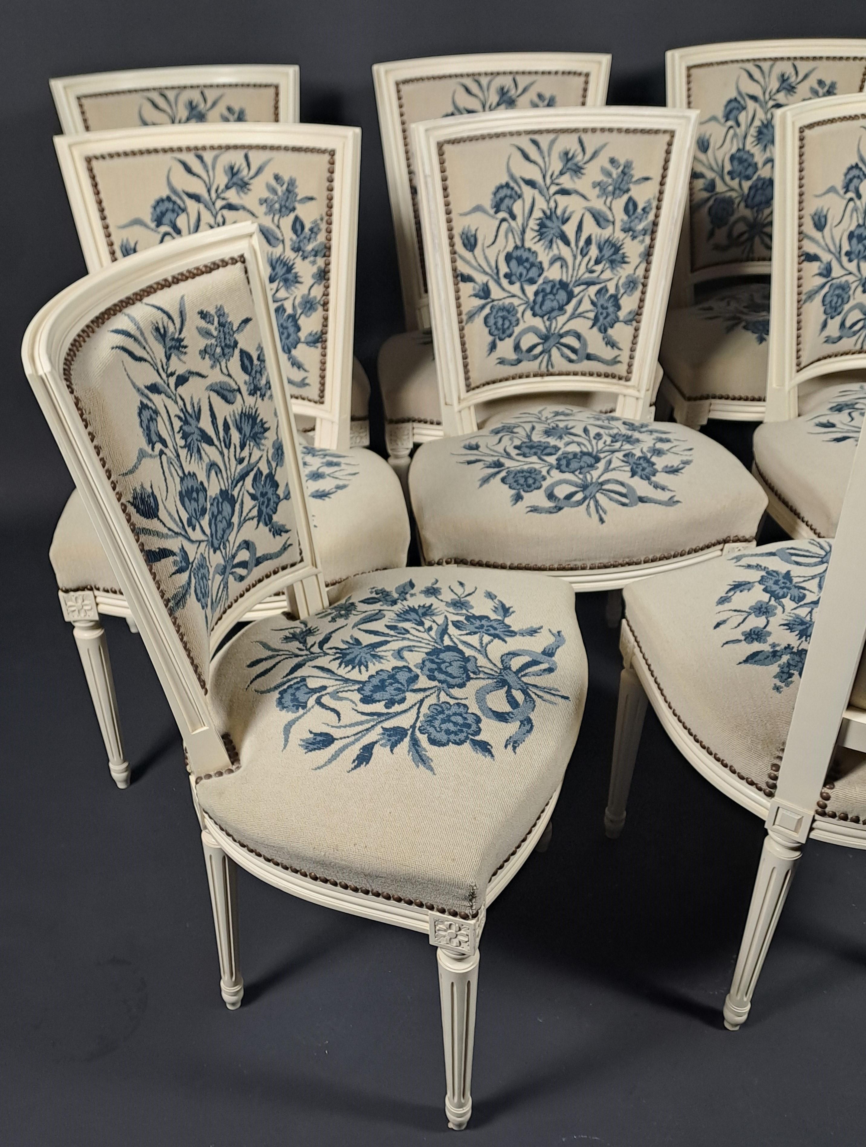 Set Of 8 Louis XVI Style Chairs In Lacquered Wood And Tapestry 6