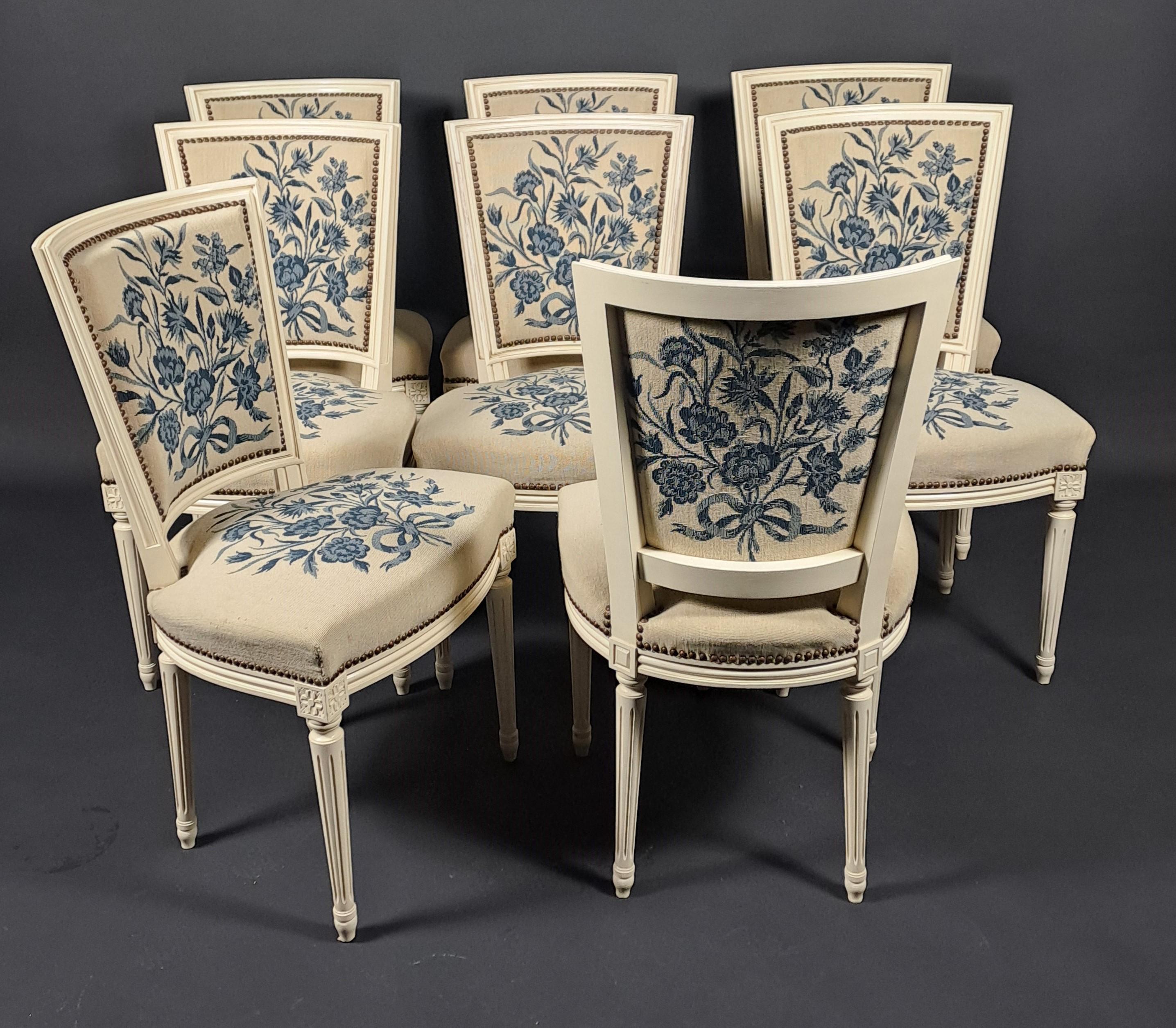 Set Of 8 Louis XVI Style Chairs In Lacquered Wood And Tapestry 7