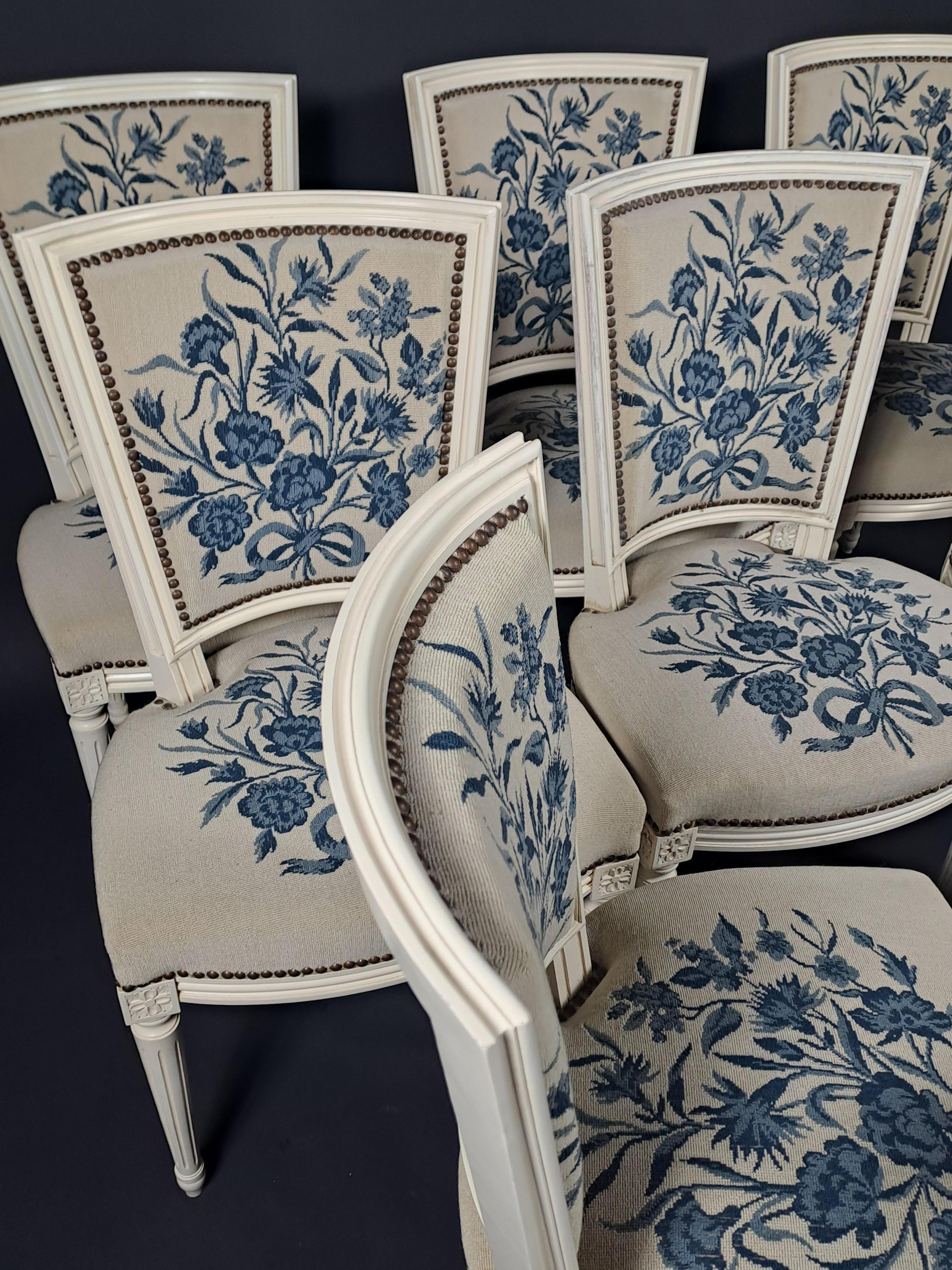 Set Of 8 Louis XVI Style Chairs In Lacquered Wood And Tapestry 8