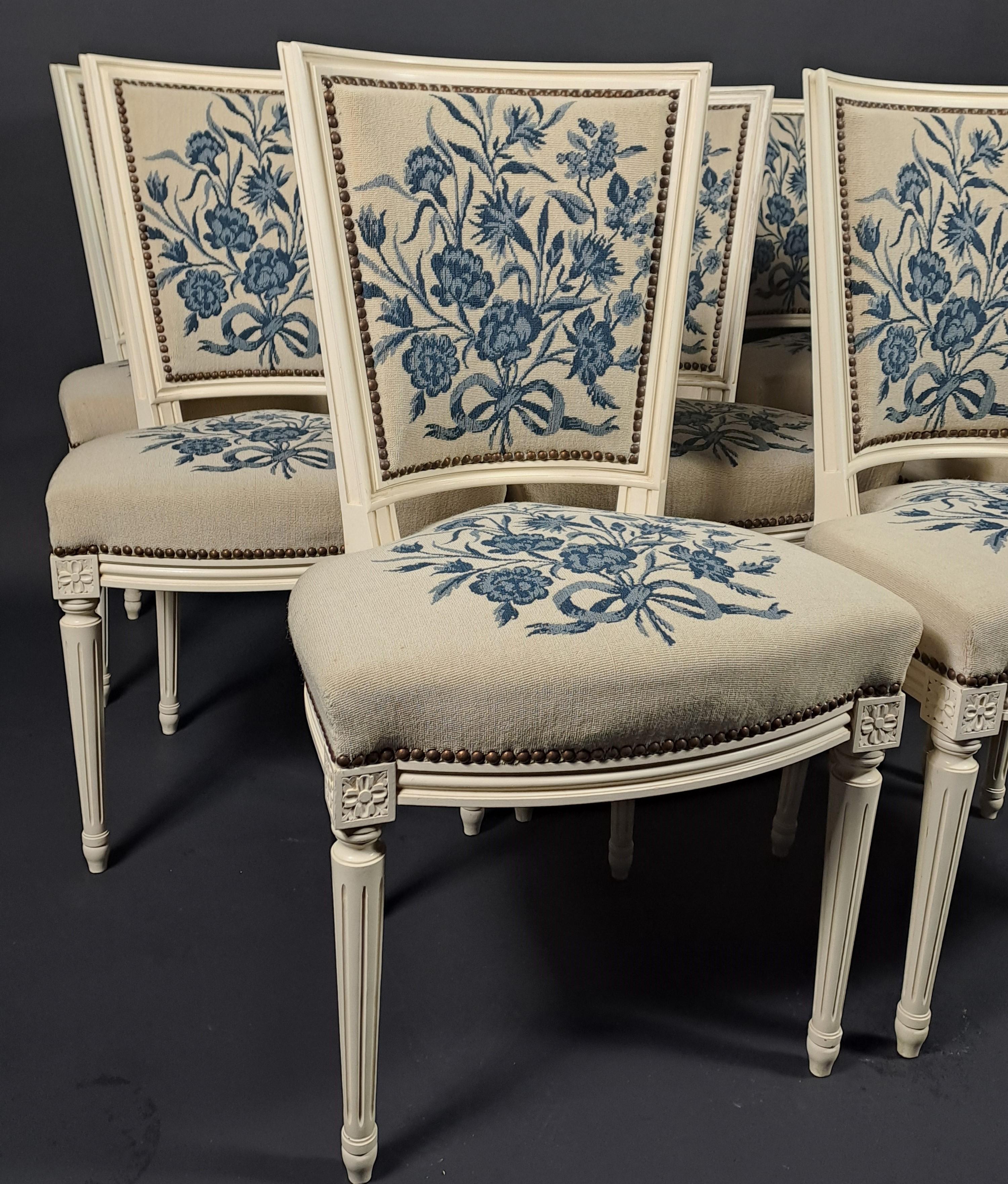 French Set Of 8 Louis XVI Style Chairs In Lacquered Wood And Tapestry