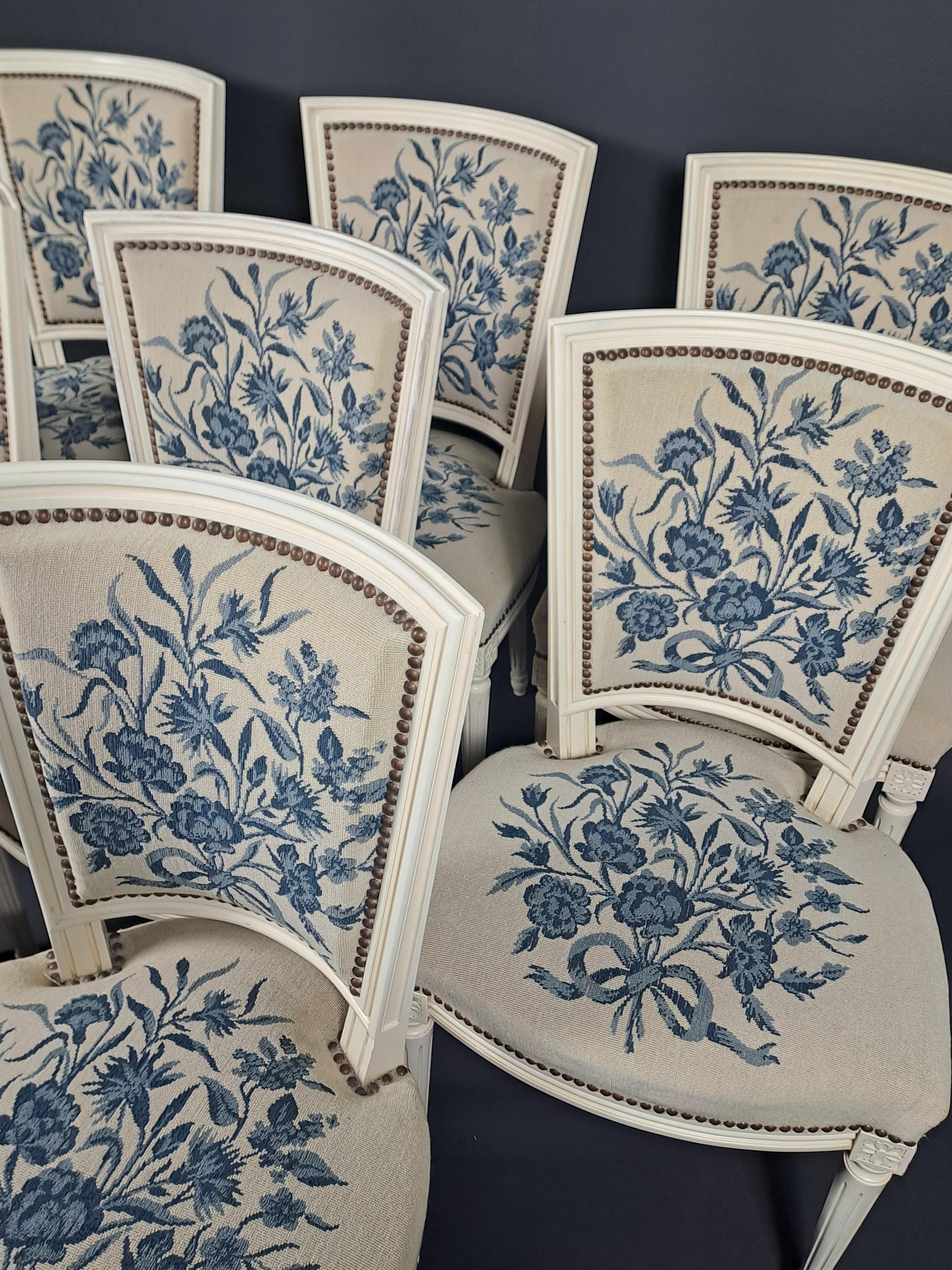 Mid-20th Century Set Of 8 Louis XVI Style Chairs In Lacquered Wood And Tapestry