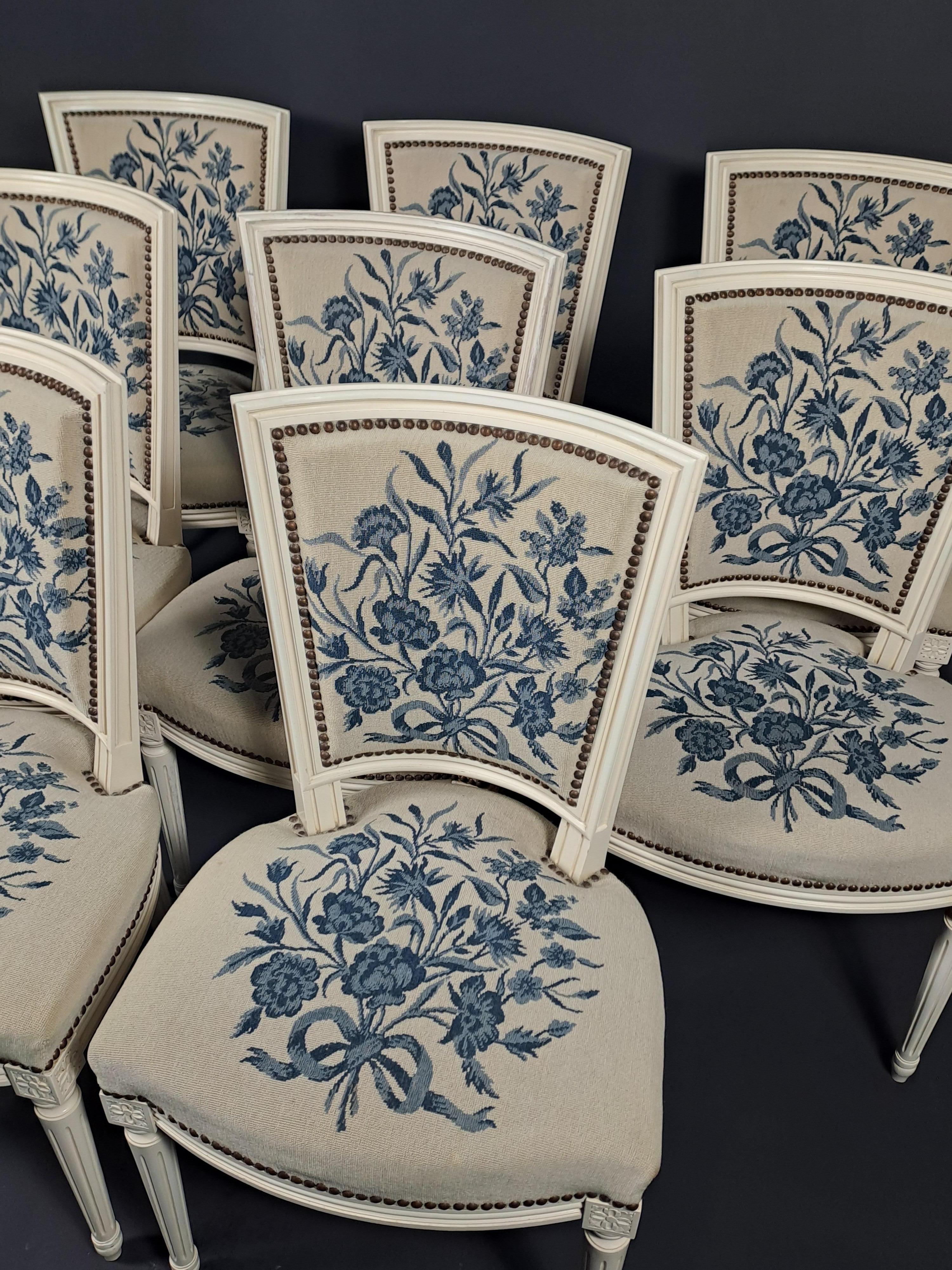 Set Of 8 Louis XVI Style Chairs In Lacquered Wood And Tapestry 1