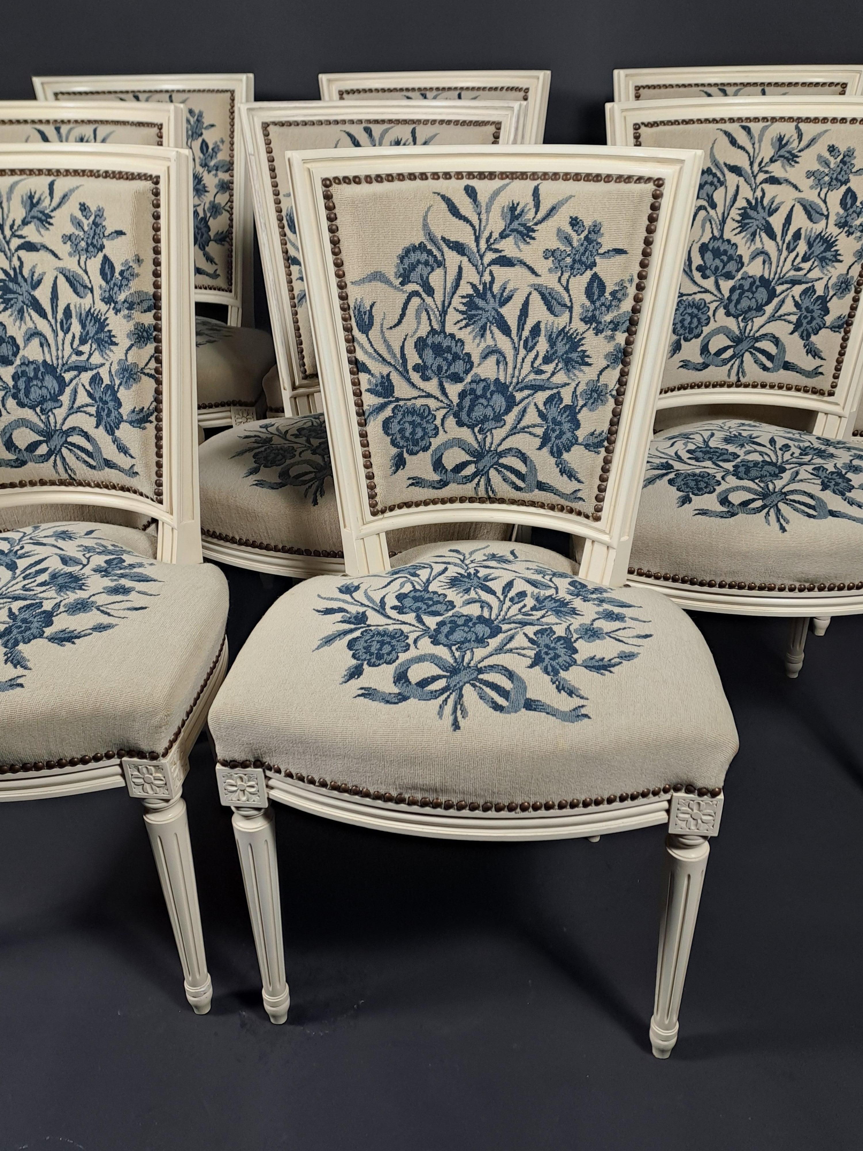 Set Of 8 Louis XVI Style Chairs In Lacquered Wood And Tapestry 4