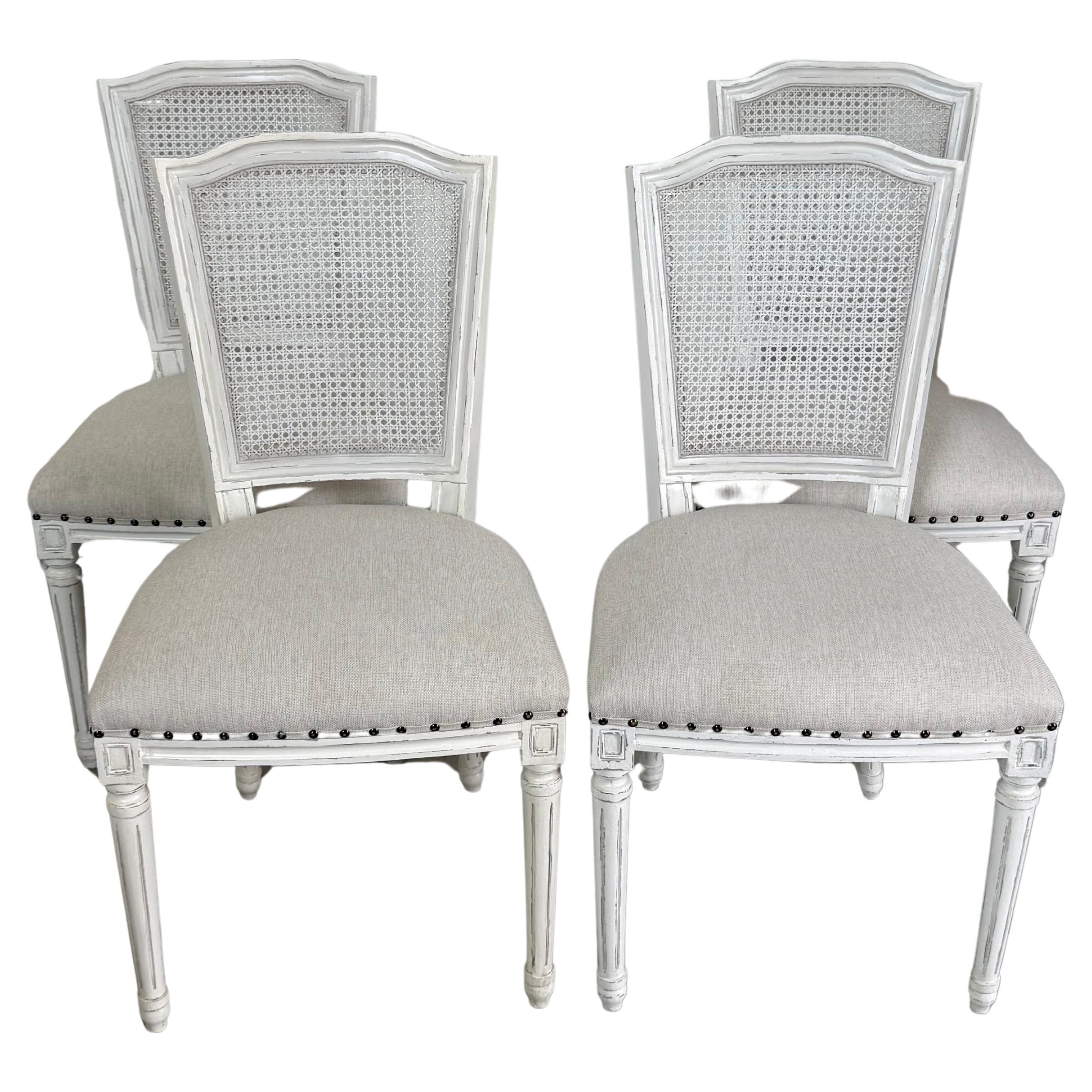 Set of 8 Louis XVI Style White Cane Back Dining Chairs