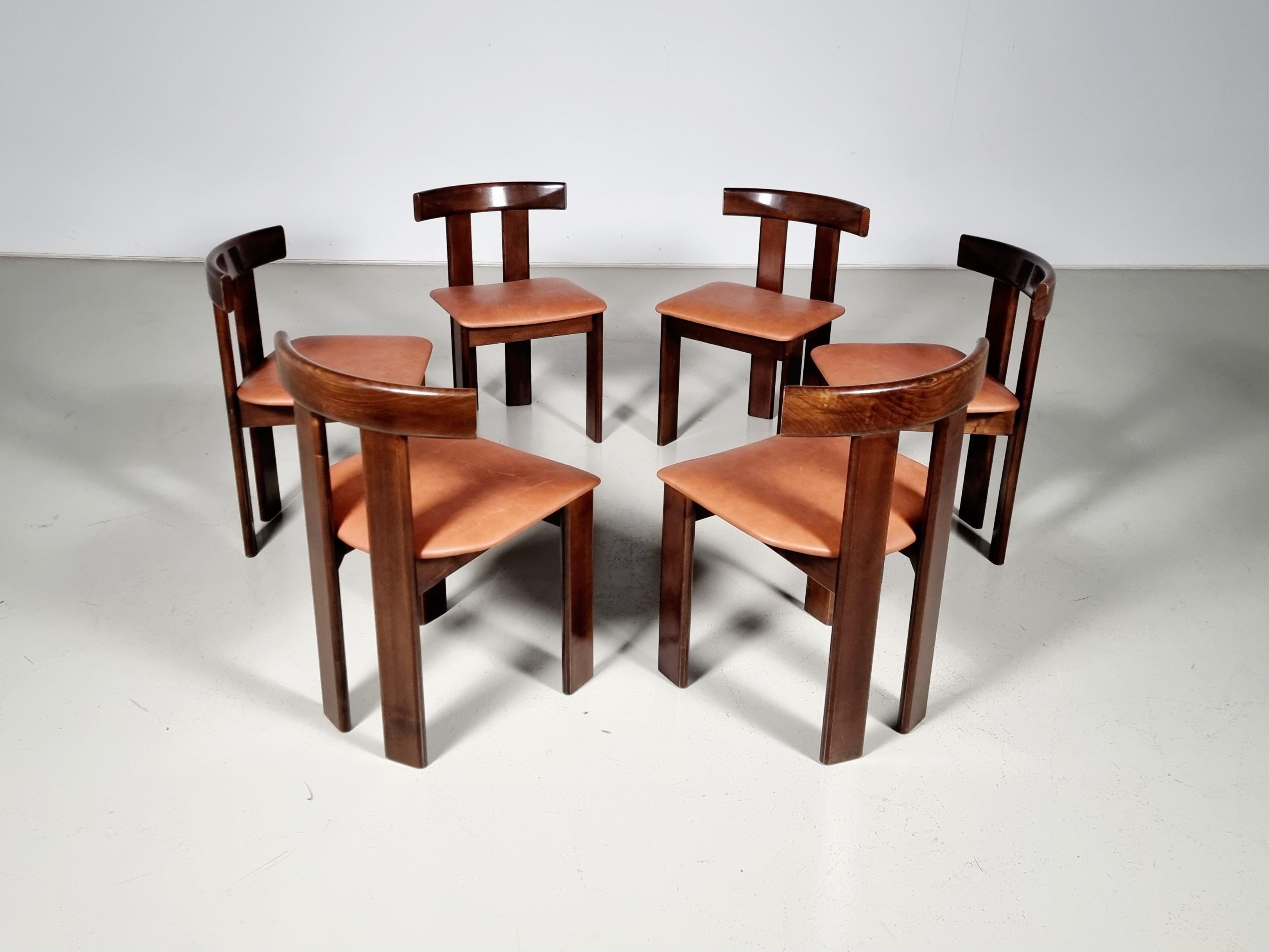 Leather Set of 6 Luigi Vaghi dining chairs in ash wood and cognac leather, Italy, 1960