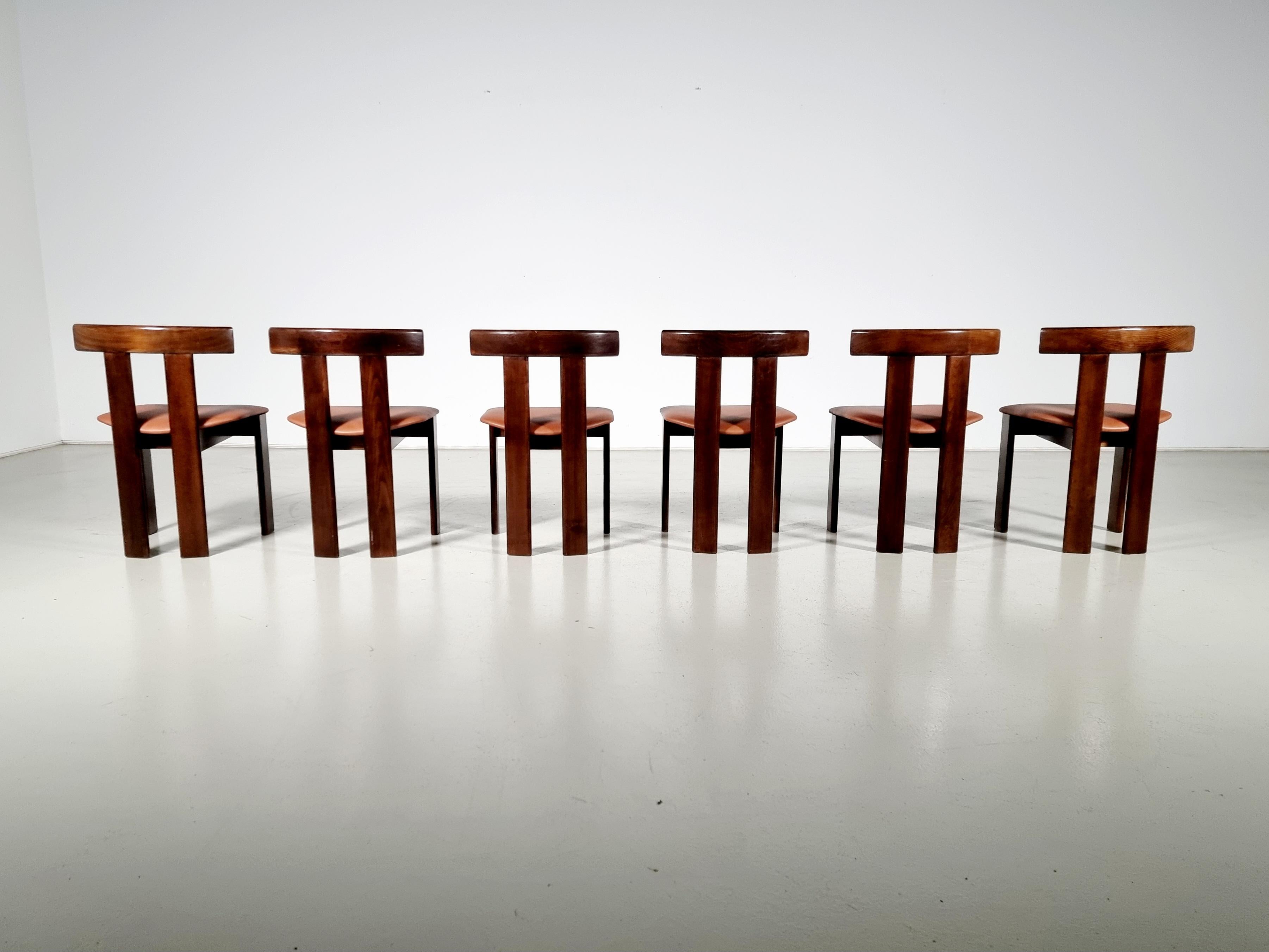 Set of 6 Luigi Vaghi dining chairs in ash wood and cognac leather, Italy, 1960 1