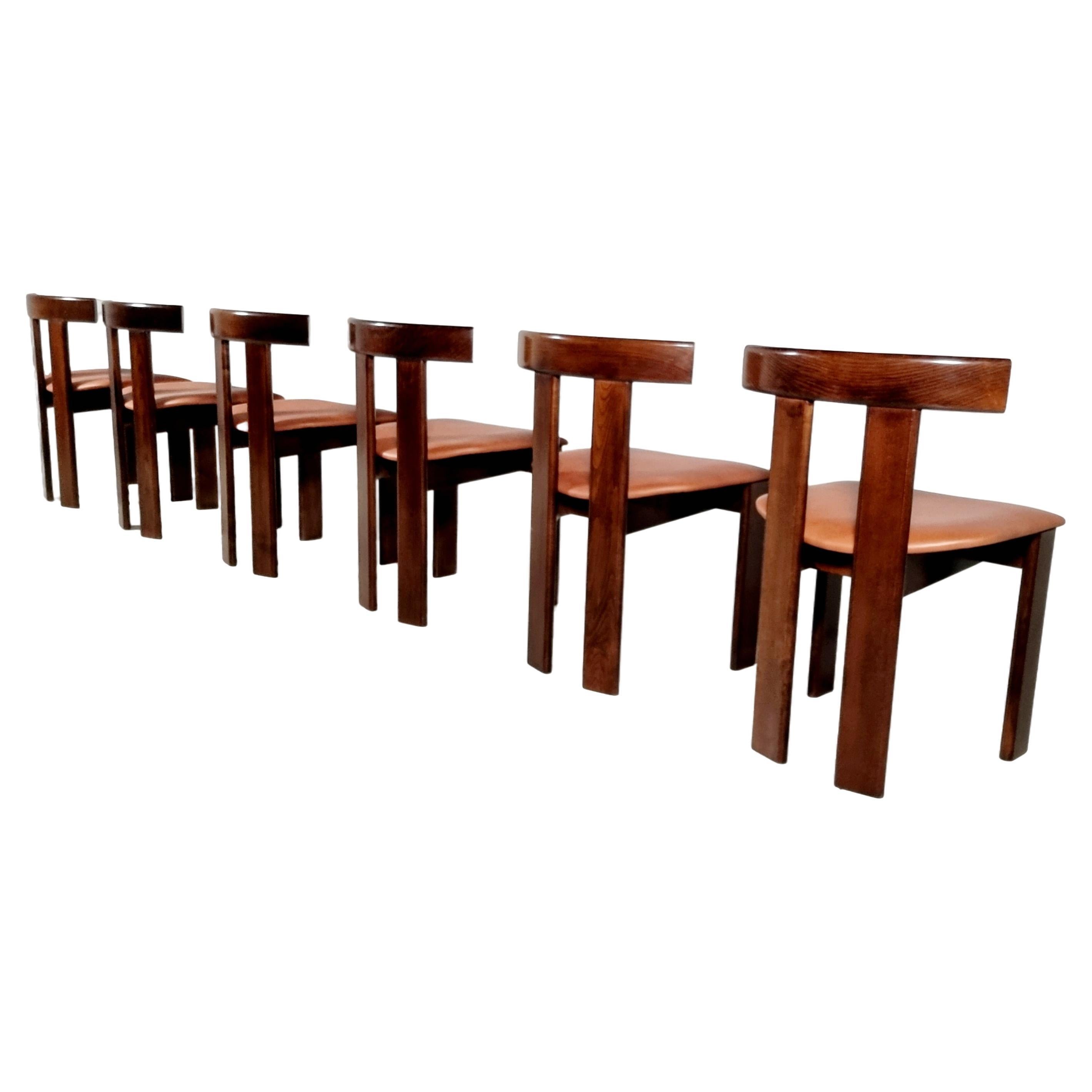 Set of 6 Luigi Vaghi dining chairs in ash wood and cognac leather, Italy, 1960
