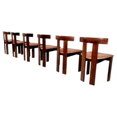Set of 6 Luigi Vaghi dining chairs in ash wood and cognac leather, Italy, 1960