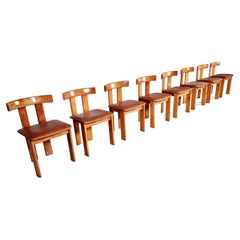 Ensemble de 8 chaises de salle à manger Luigi Vaghi en bois de frêne et cuir cognac, Italie, 1960