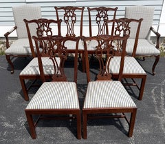 Set of 8 Mahogany Chippendale Style Dining Chairs with Plaid Upholstery