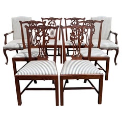 Set of 8 Mahogany Chippendale Style Dining Chairs with Plaid Upholstery