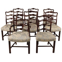 Set of 8 Mahogany Chippendale Style Ribbon Back Dining Chairs, Fabric Seats