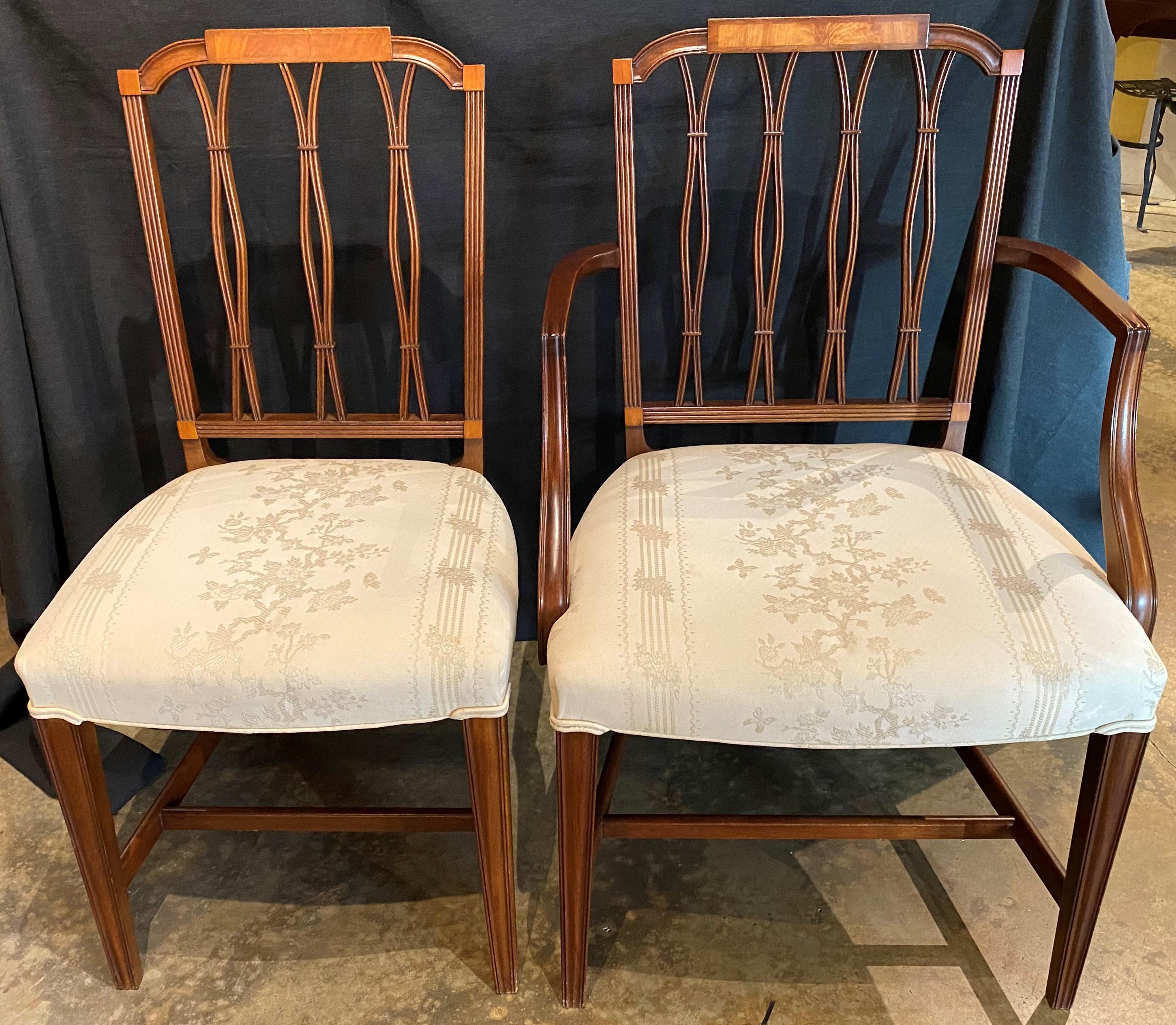 American Set of 8 Mahogany Federal Style Upholstered Dining Chairs with Satinwood Inlay