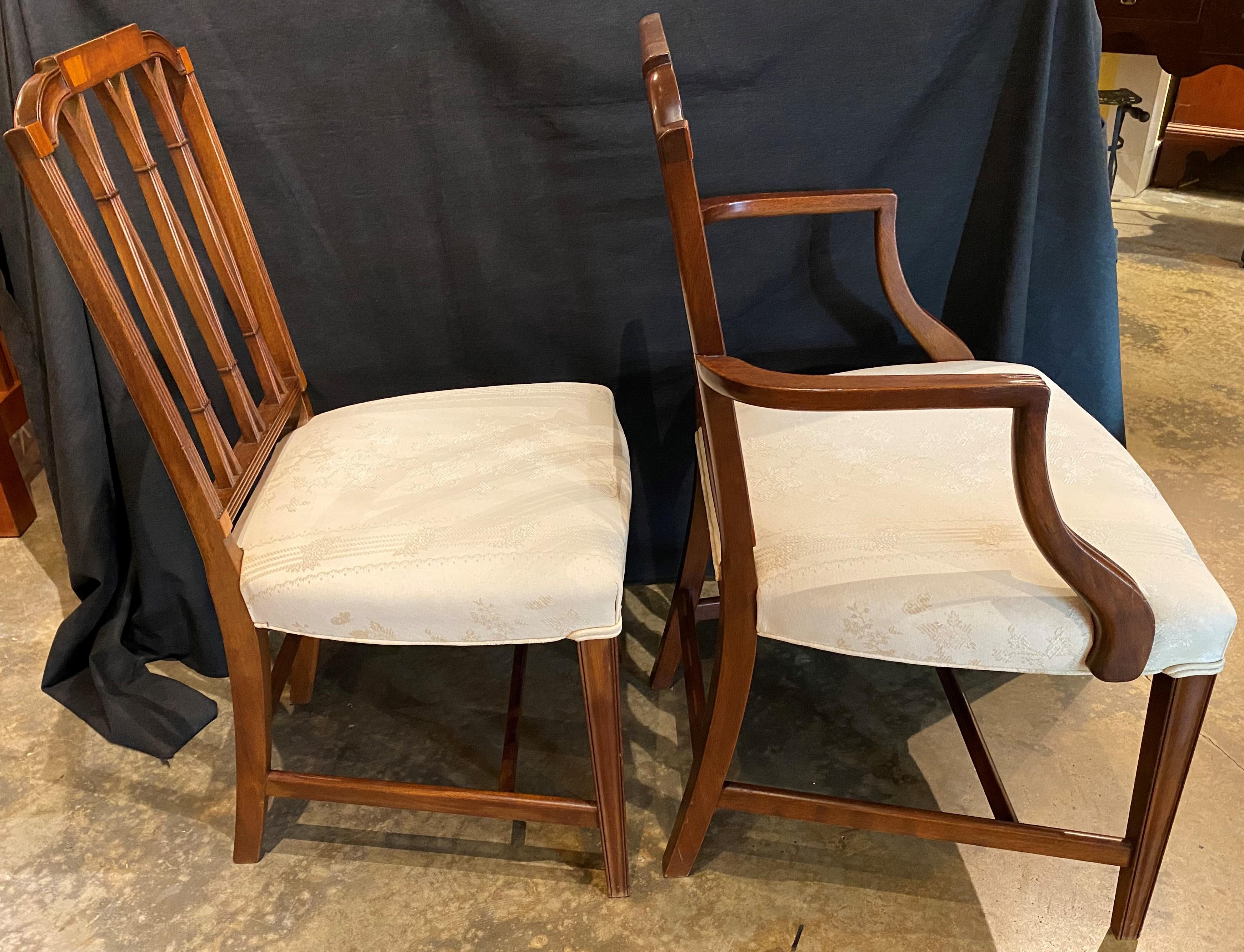 Hand-Carved Set of 8 Mahogany Federal Style Upholstered Dining Chairs with Satinwood Inlay