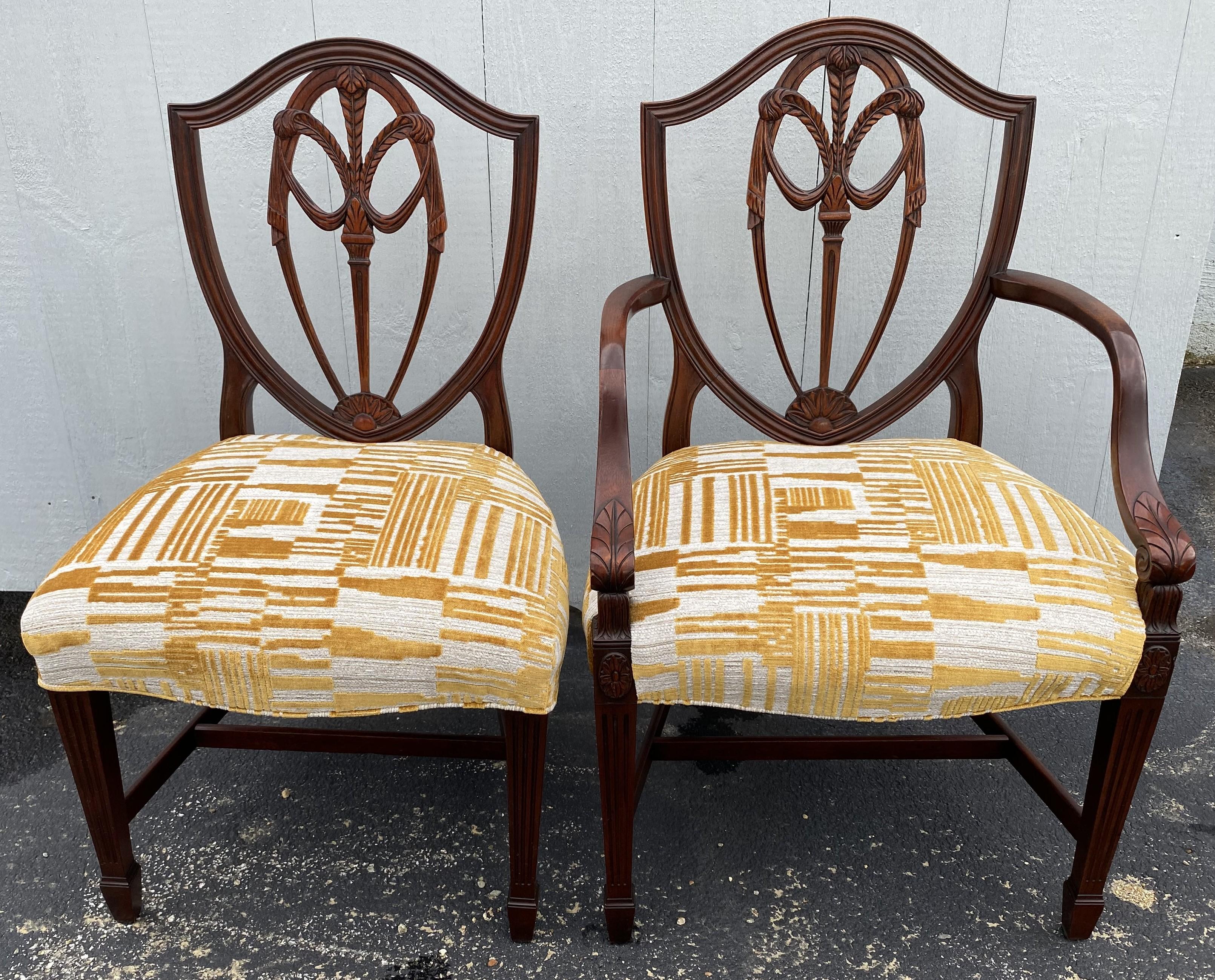 Georgian Set of 8 Mahogany Shield Back Dining Chairs with Prince of Wales Feather Carving