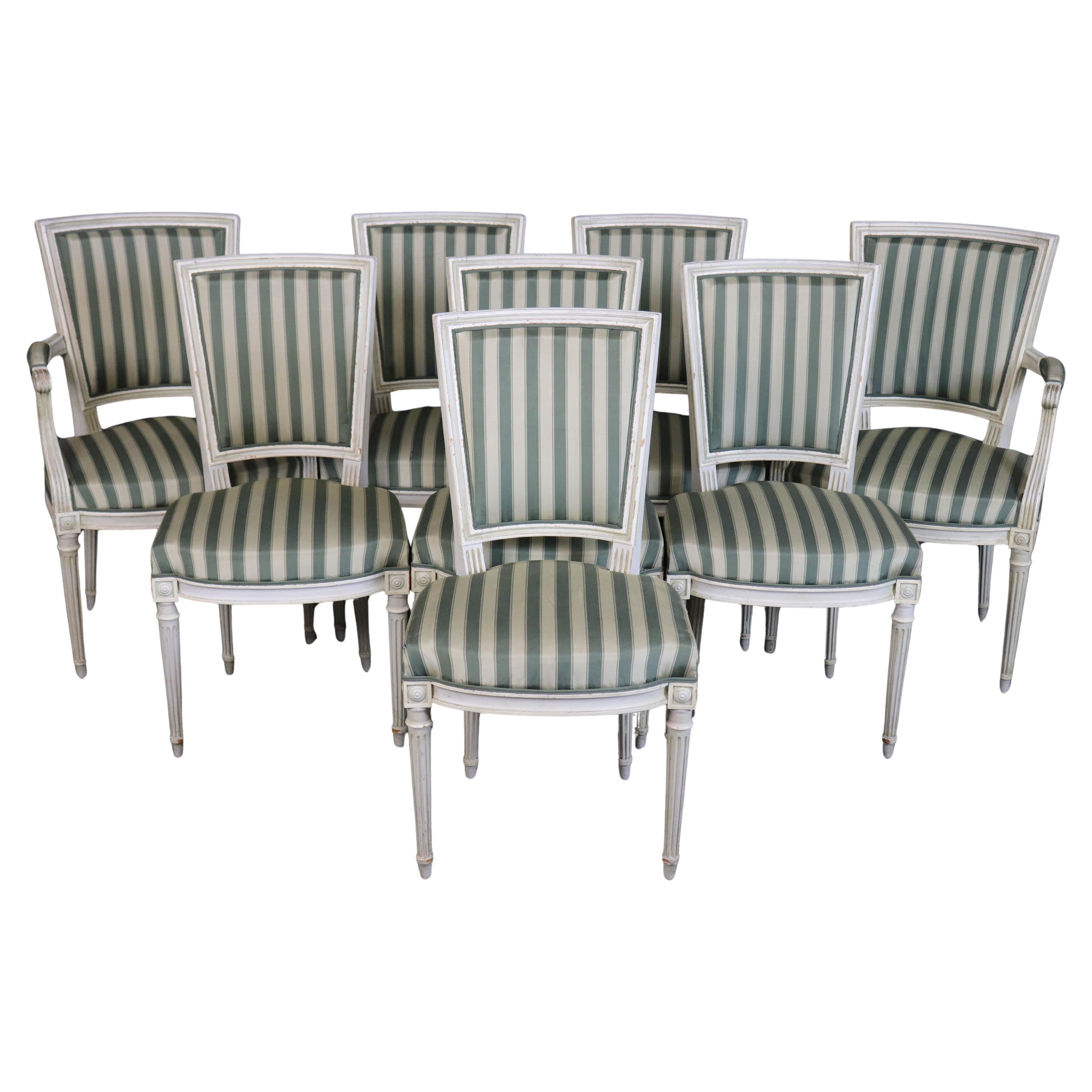 Set of 8 Maison Jansen Paint Decorated Louis XVI Trapezoidal Back Dining Chairs