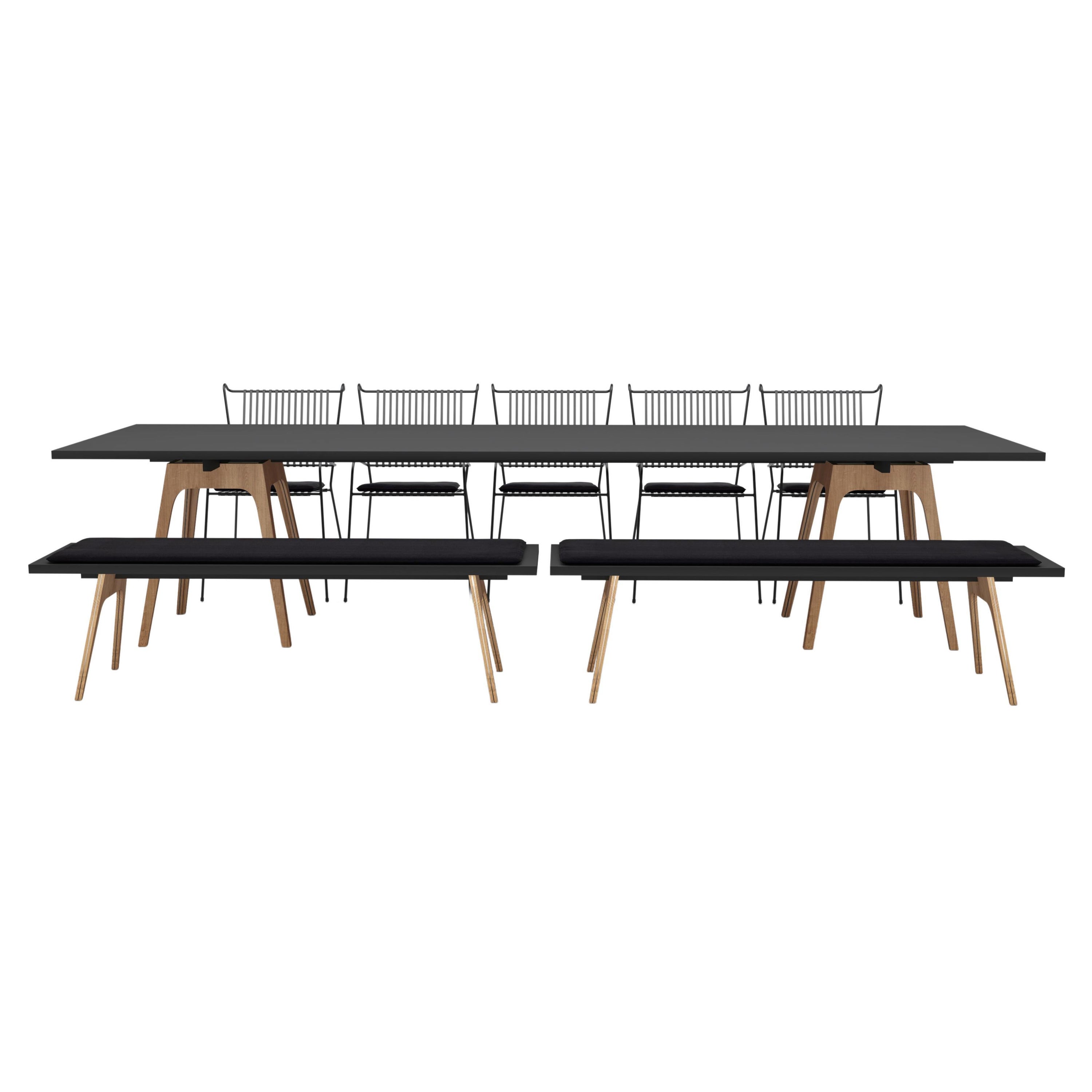 Conjunto de 8 mesas de comedor, bancos y sillas Capri Marina Negro by Colección Cools