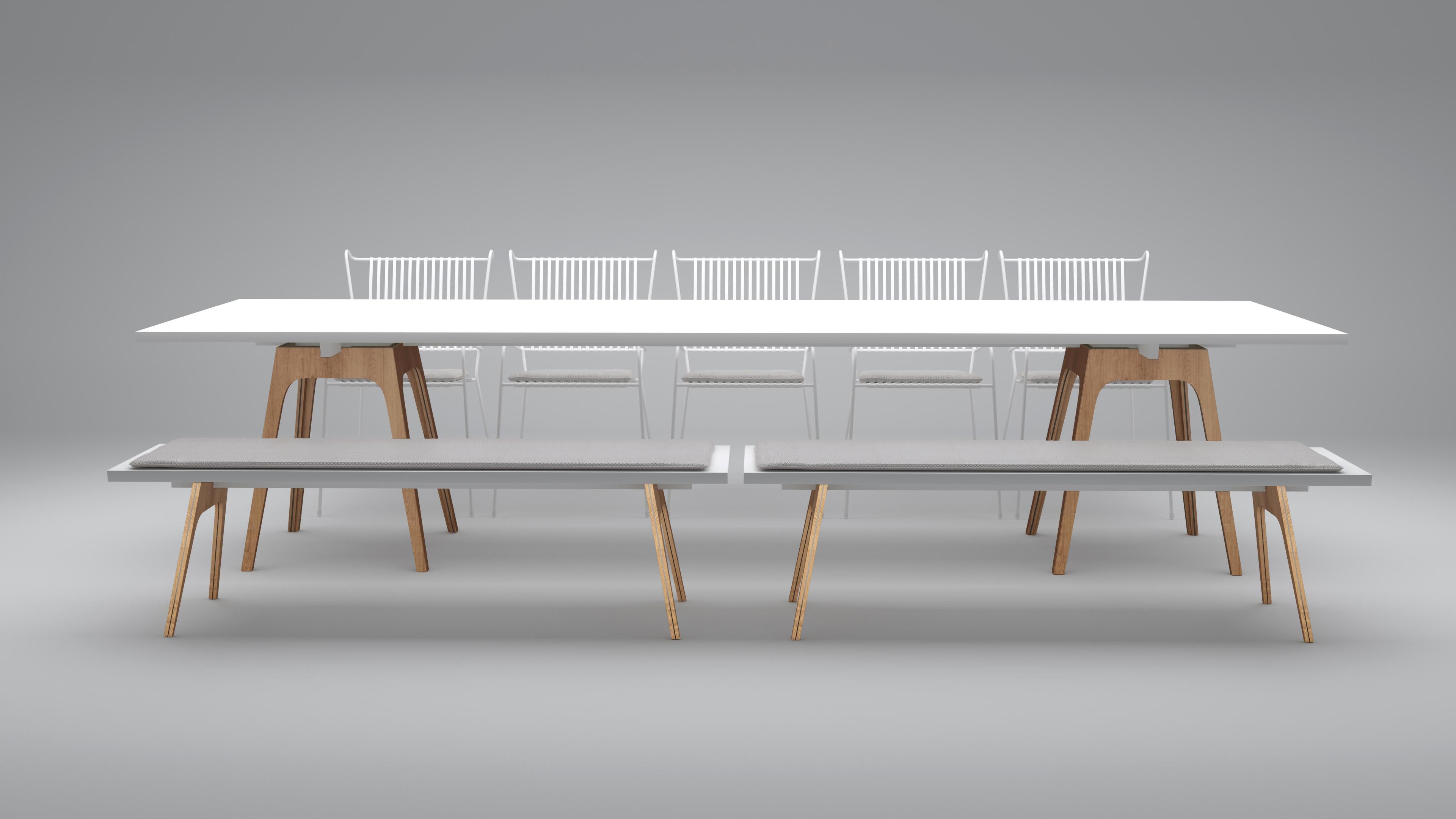 Set of 8 Marina White Dining Table, Benches and Capri Chairs by Cools Collection
Handmade.
Dimensions: 
Marina Dining Table: D 100 x W 340 x H 75 cm.
Marina Bench: D 35 x W 160 x H 45 cm.
Capri Chair with Seat Cushion: W 53 x D 60 x H 86