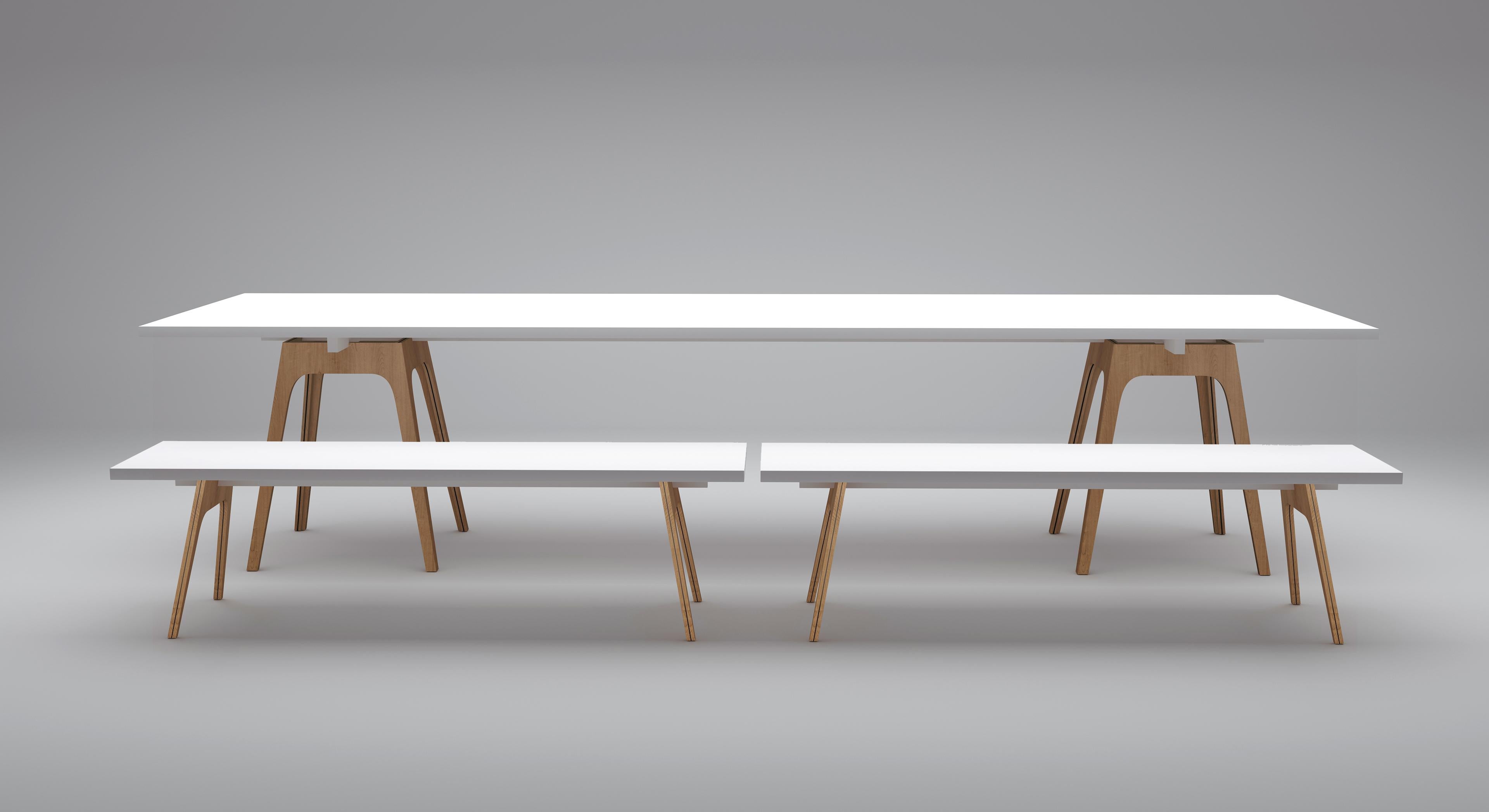 Postmoderne Ensemble de 8 tables, bancs et chaises de salle à manger Marina White par The Collective en vente