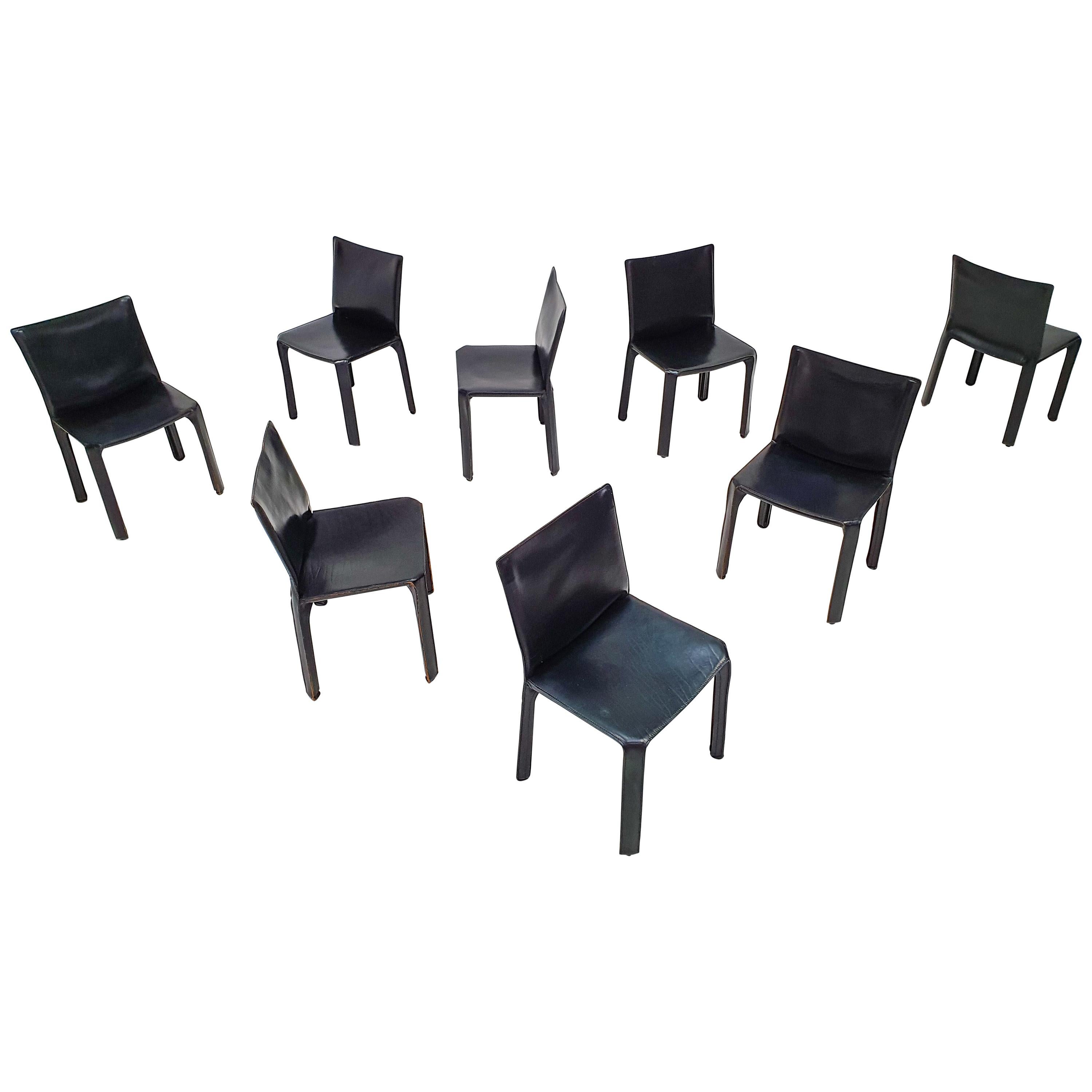Set of 8 Mario Bellini Leather CAB Chairs in Black for Cassina, 1977, Italy