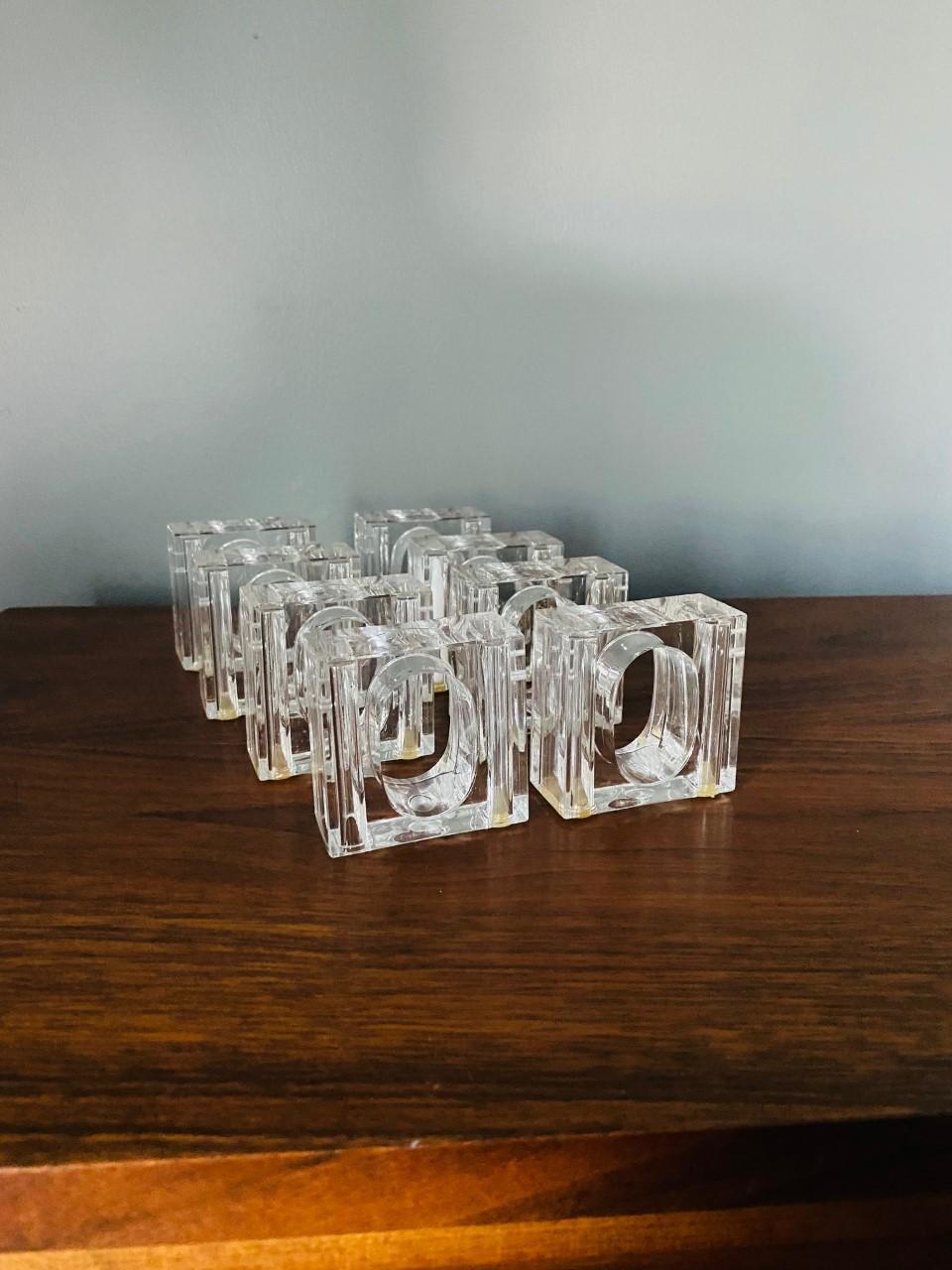 Beautiful 8 piece set of Mid-Century Modern lucite napkin holders. These novelty vintage pieces also perform as individual salt and pepper shakers!  Each piece has a designated space to fill with salt and pepper and orifices to pour out.  Each piece