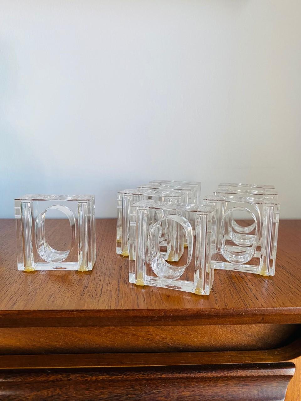 Mid-Century Modern Set of 8 MC Square Clear Lucite Napkin Holders and Salt Pepper Shakers For Sale