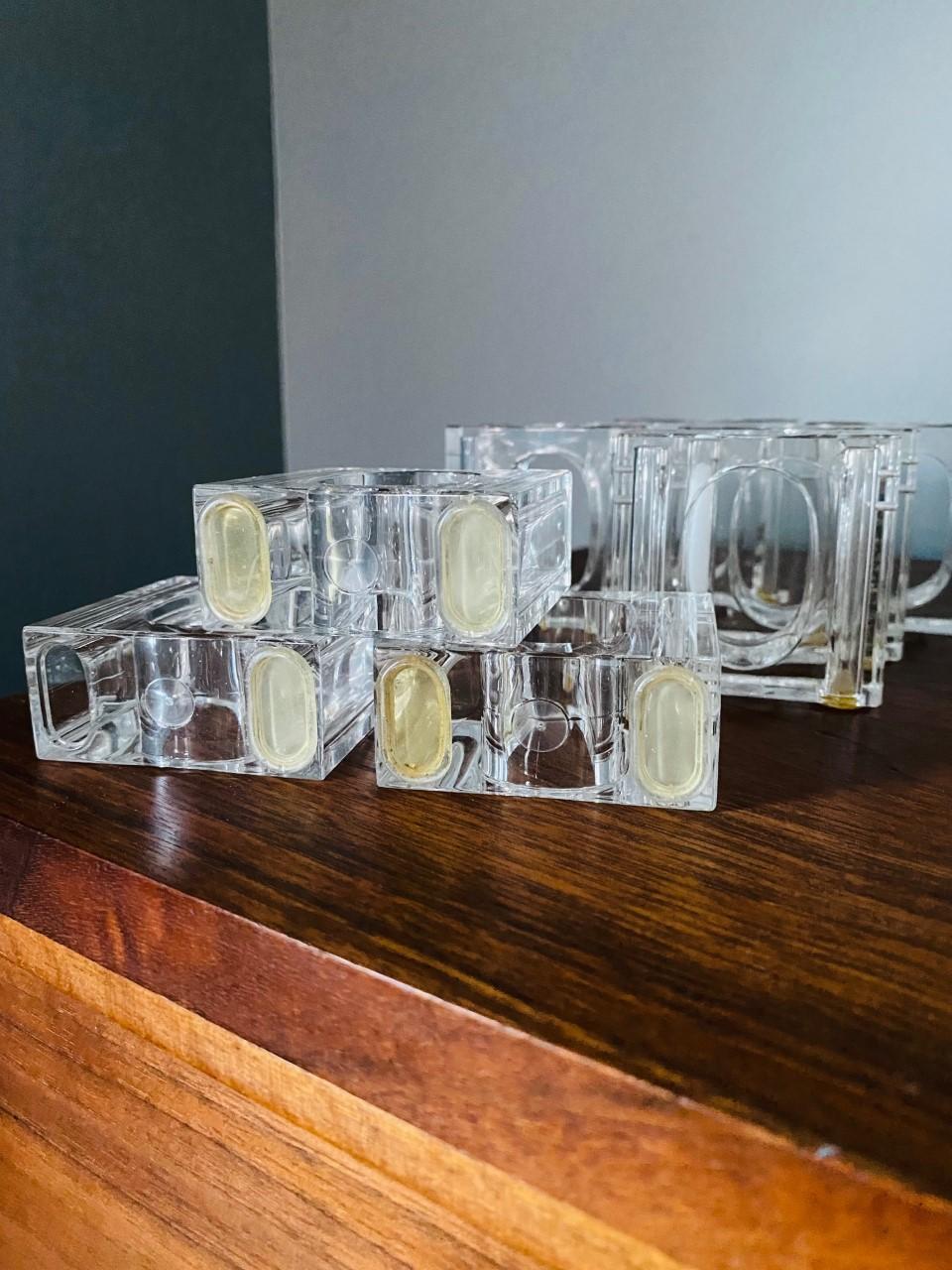 Faceted Set of 8 MC Square Clear Lucite Napkin Holders and Salt Pepper Shakers For Sale