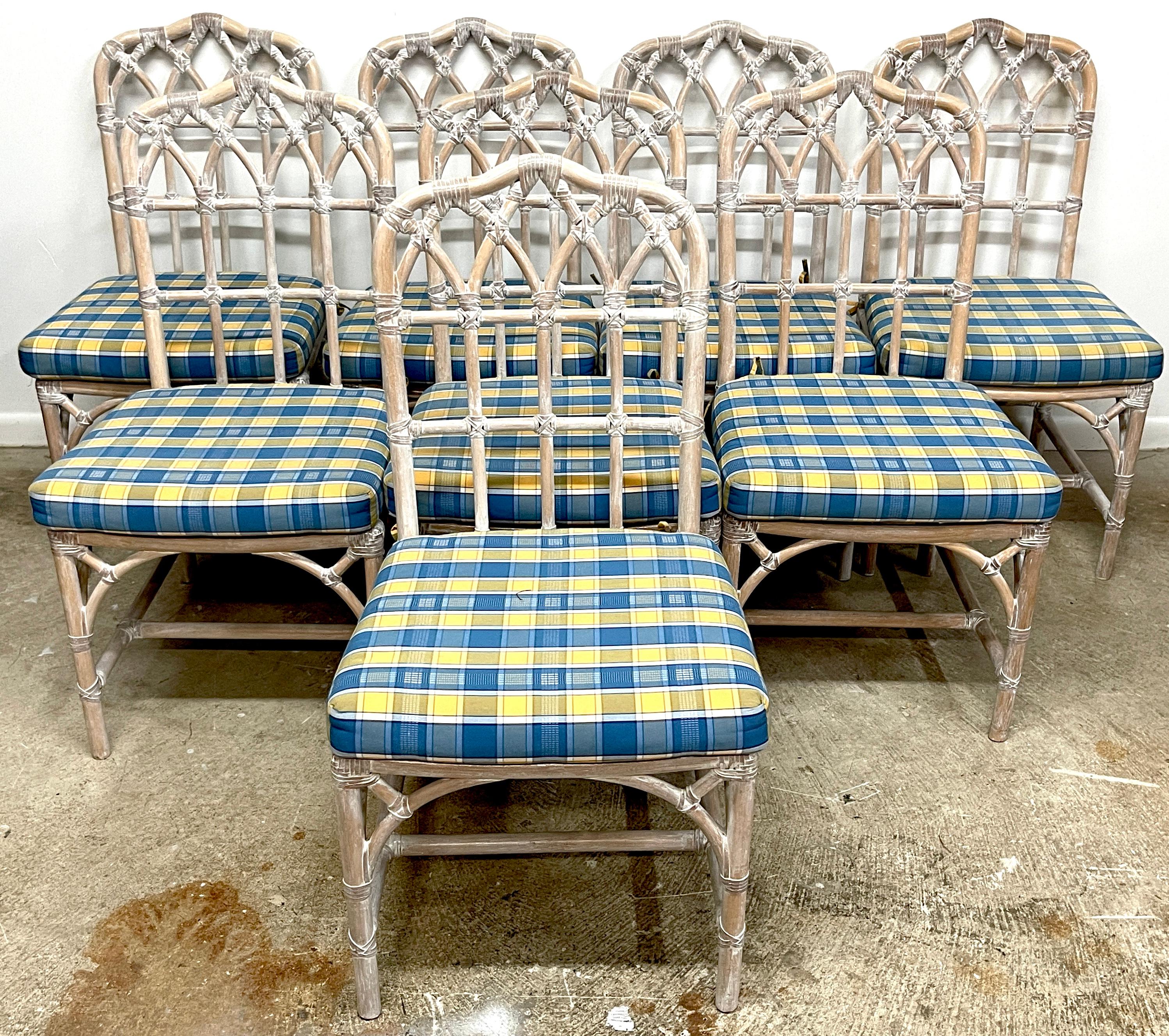 Set of 8 McGuire Bleached Rattan Chinoiserie 'Pagoda'  Dining Chairs 

A beautiful set of 8 McGuire Bleached Rattan Chinoiserie 'Pagoda' Dining Chairs, each embodying timeless elegance and exquisite craftsmanship. Standing 39 inches tall, 20 inches