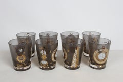 Set of 8 MCM Georges Briard Rocks Glasses - World Time Zone - 22K / Smoke Glass