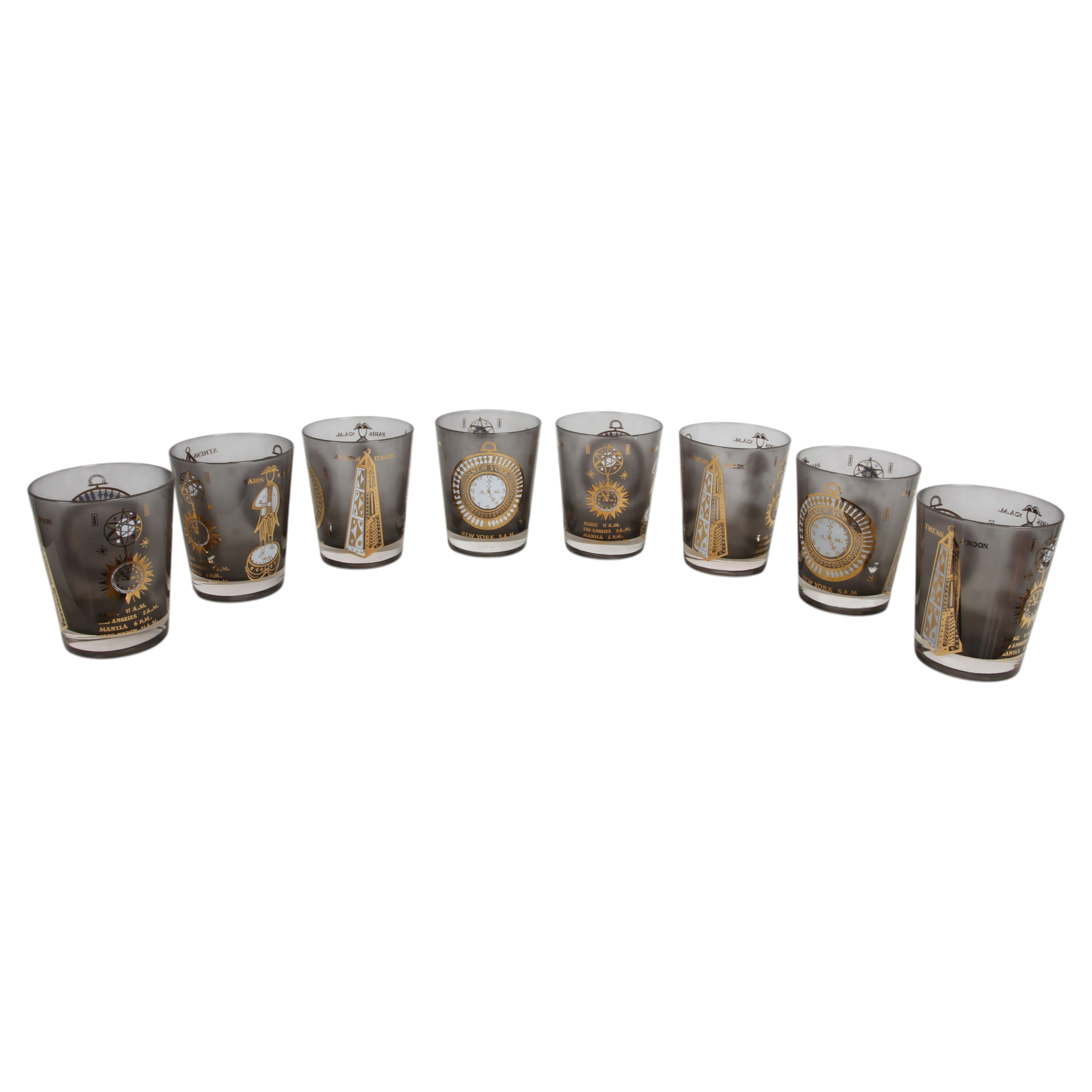 Set of 8 MCM Georges Briard Rocks Glasses - World Time Zone - 22K / Smoke Glass For Sale
