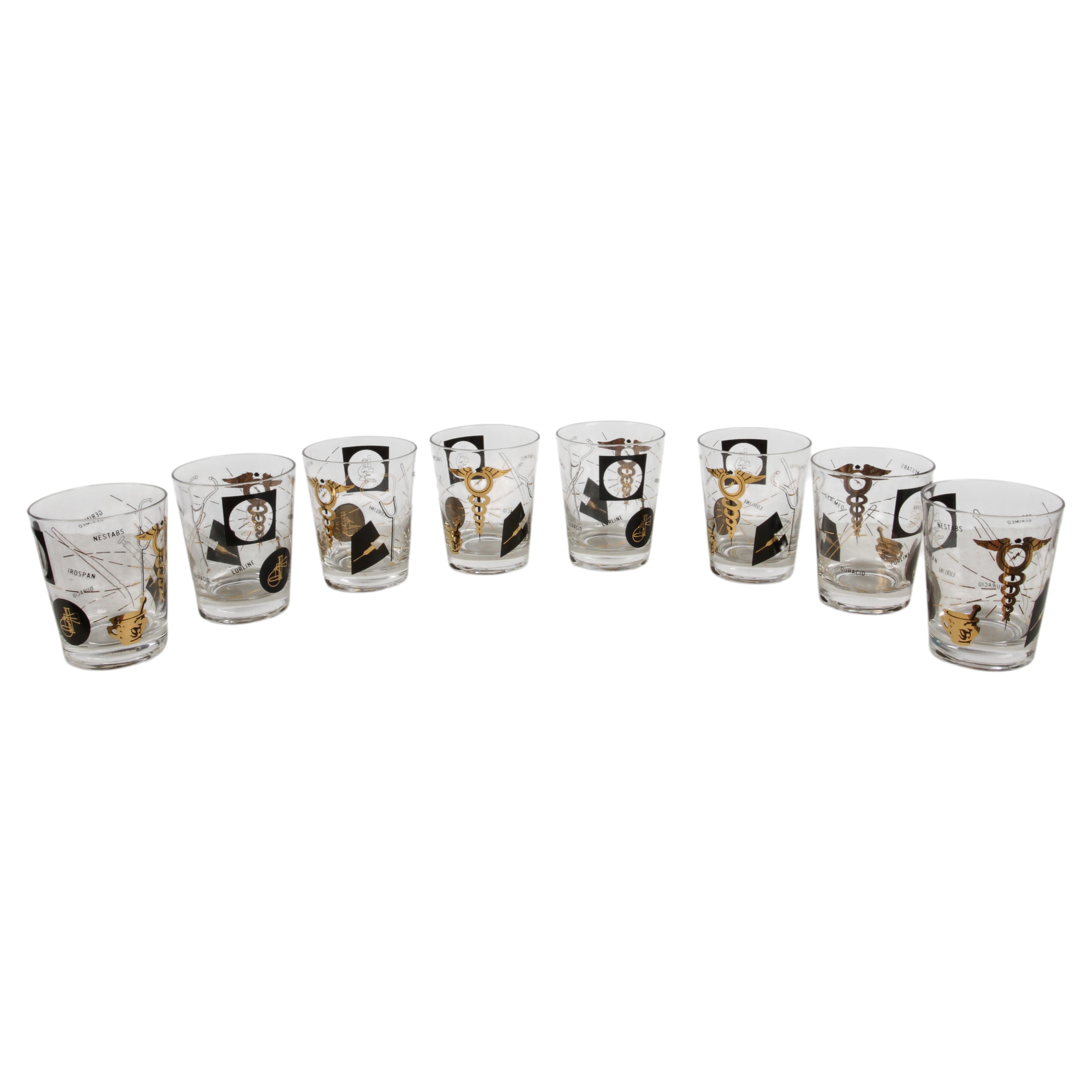 Set of 8 MCM Pharmacist, Medical, Laboratory or Doctors Theme Rocks Bar Glasses
