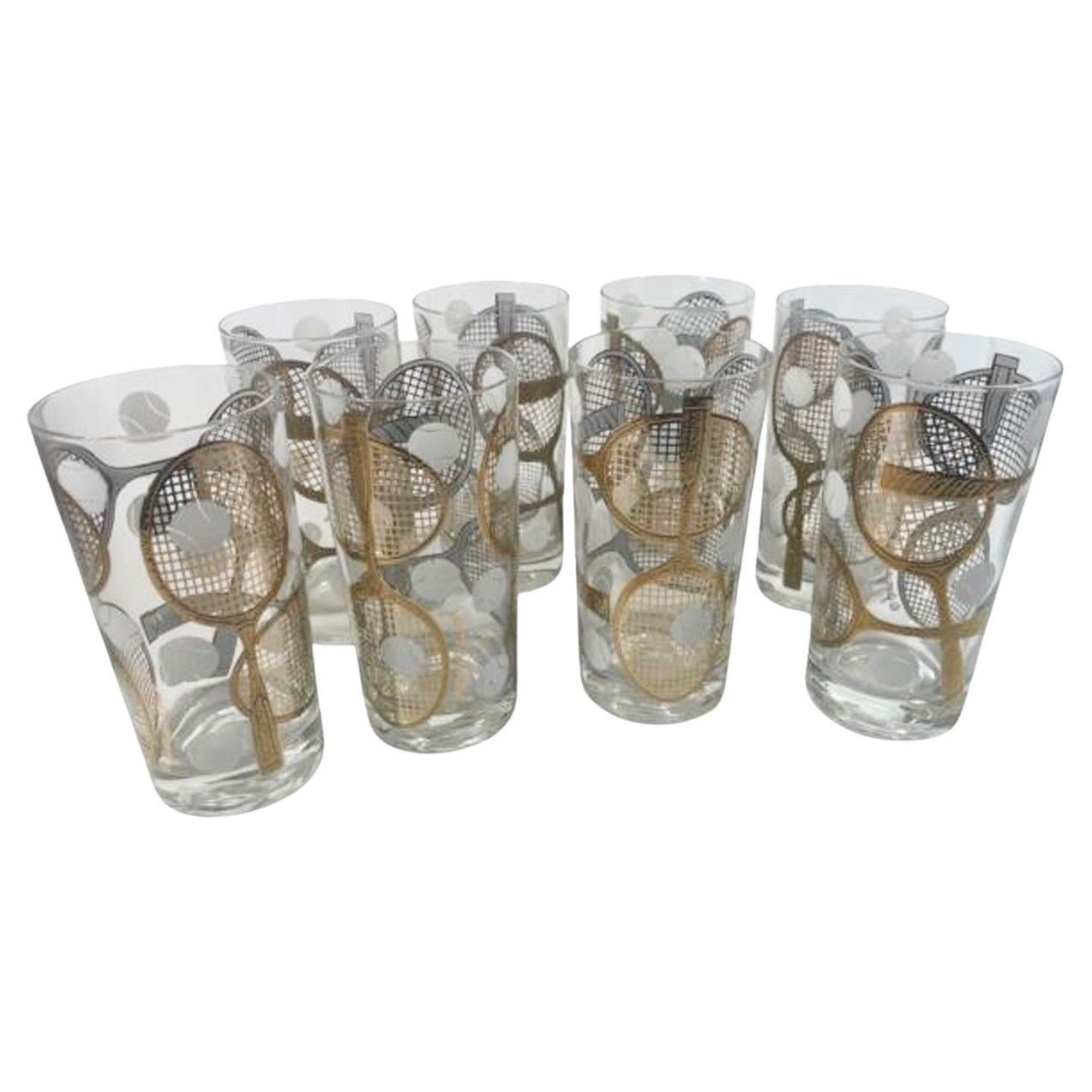 Juego de 8 vasos altos MCM con tema de tenis diseñados por Georges Briard