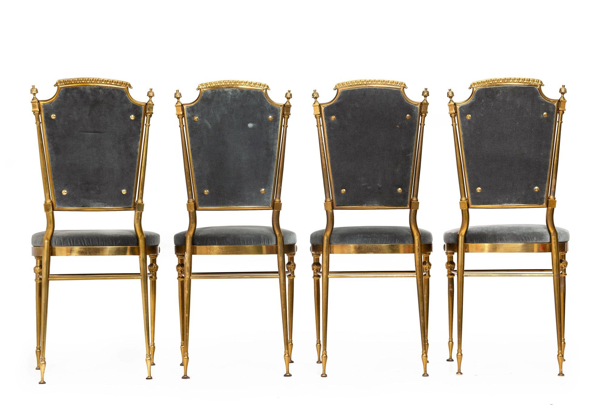 Italian Set of 8 Mid-Century Brass Velvet Dining Chairs, Maison Jansen style ca. 1950 For Sale