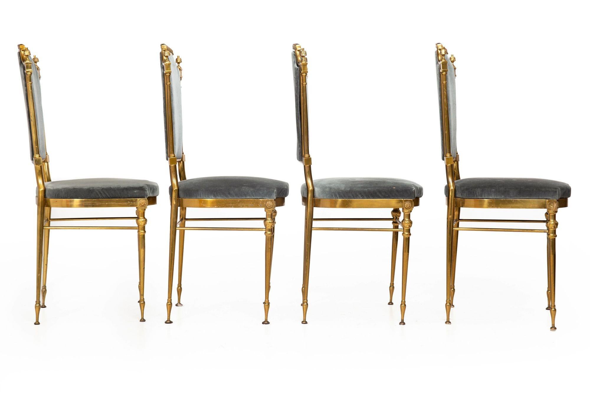Set of 8 Mid-Century Brass Velvet Dining Chairs, Maison Jansen style ca. 1950 In Good Condition For Sale In Shippensburg, PA