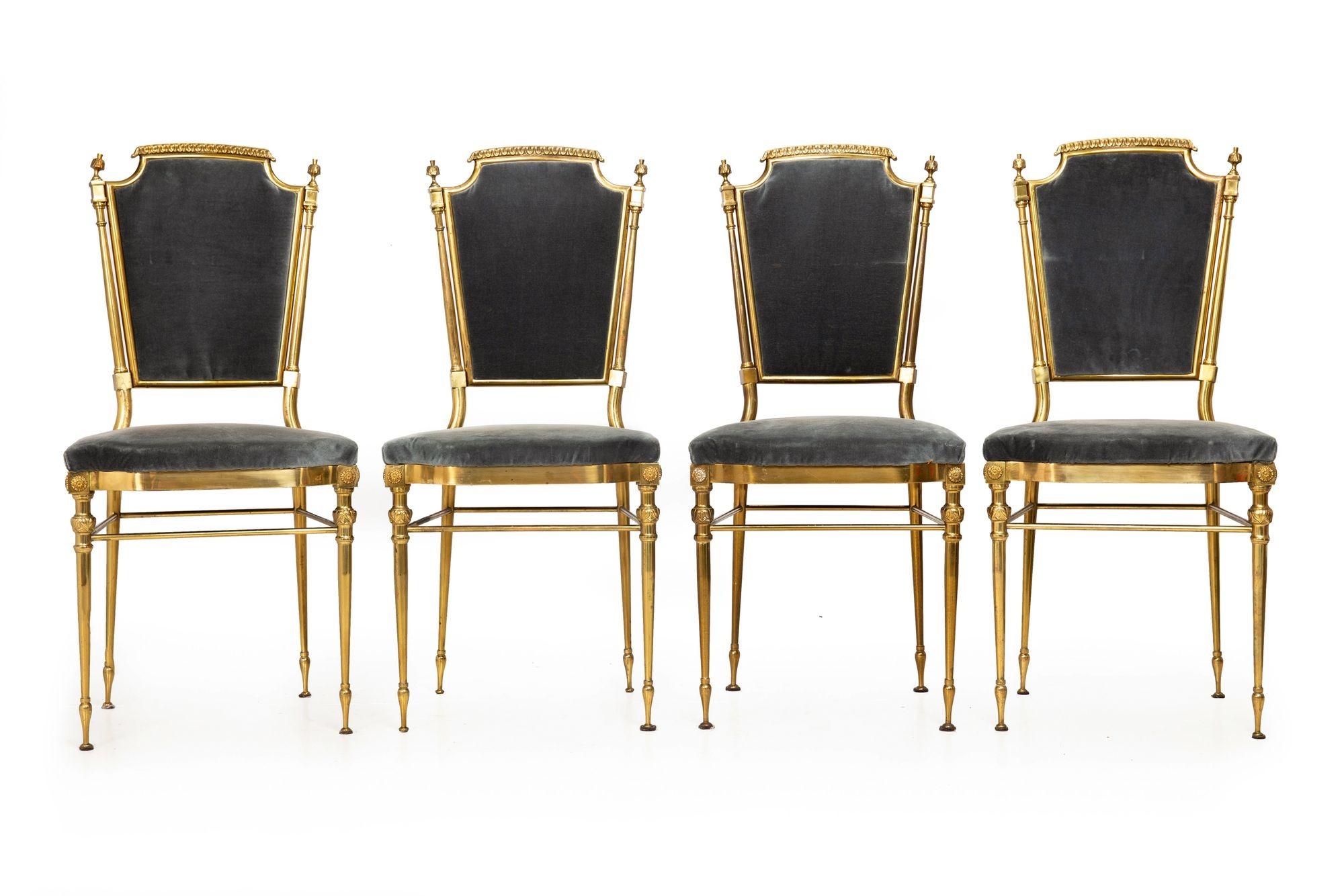 20th Century Set of 8 Mid-Century Brass Velvet Dining Chairs, Maison Jansen style ca. 1950 For Sale