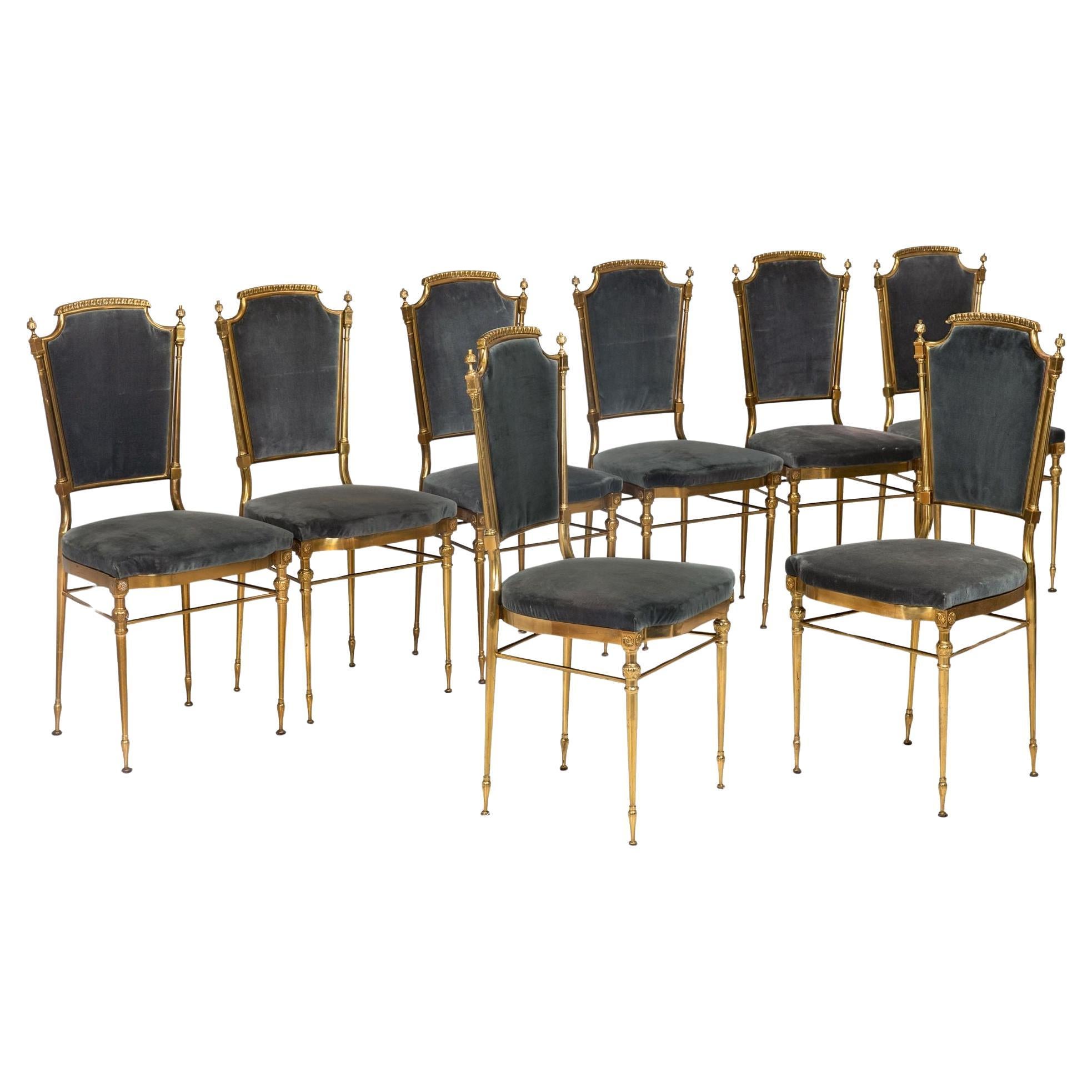 Set of 8 Mid-Century Brass Velvet Dining Chairs, Maison Jansen style ca. 1950 For Sale